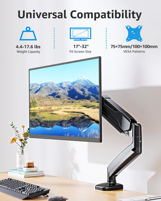 Single Monitor Desk Mount Holds Screen up to 32 inch, Height Adjustable Monitor Arm, Full Motion Computer Monitors Stand with Clamp/Grommet Base, VESA Mounts Fit 4.4-17.6lbs Computer, Black
