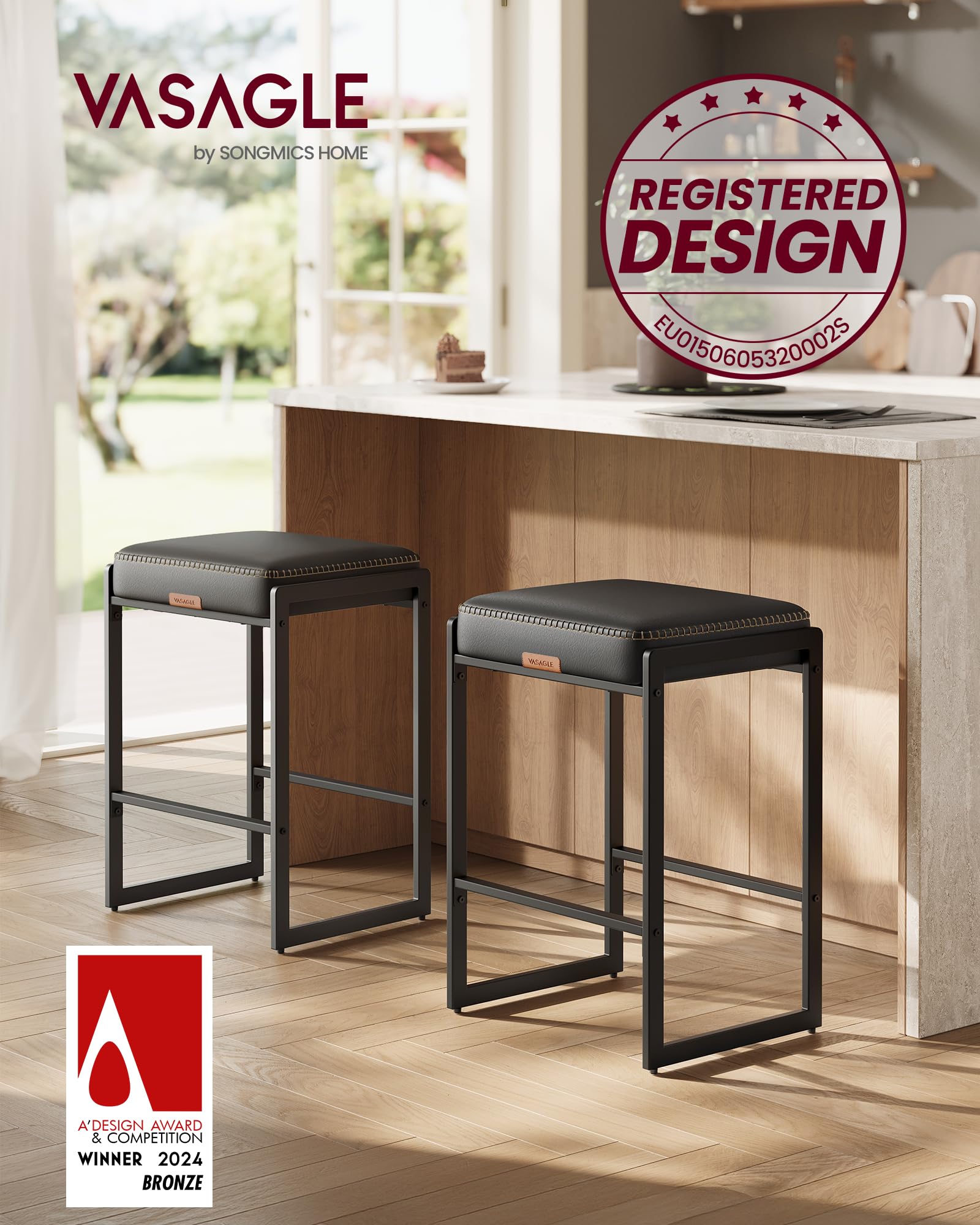 Bar Stools Set of 2, Counter Height Bar Stools, Synthetic Leather with Stitching, Mid-Century Modern Counter Stools, 26-Inch Tall, Kichen Home Bar Dining Room, Ink Black