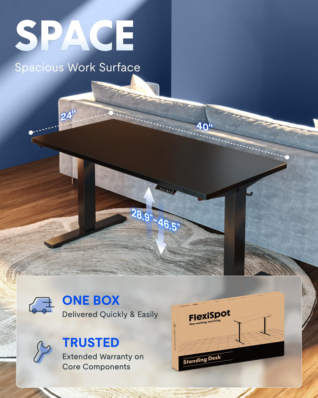 EN1 One-Piece Standing Desk, Electric Adjustable with 4 Memory Presets, 176 LBS Capacity, Stable & Quiet, Seamless Desktop for Home Office & Dual Monitors, 40"x24" Black