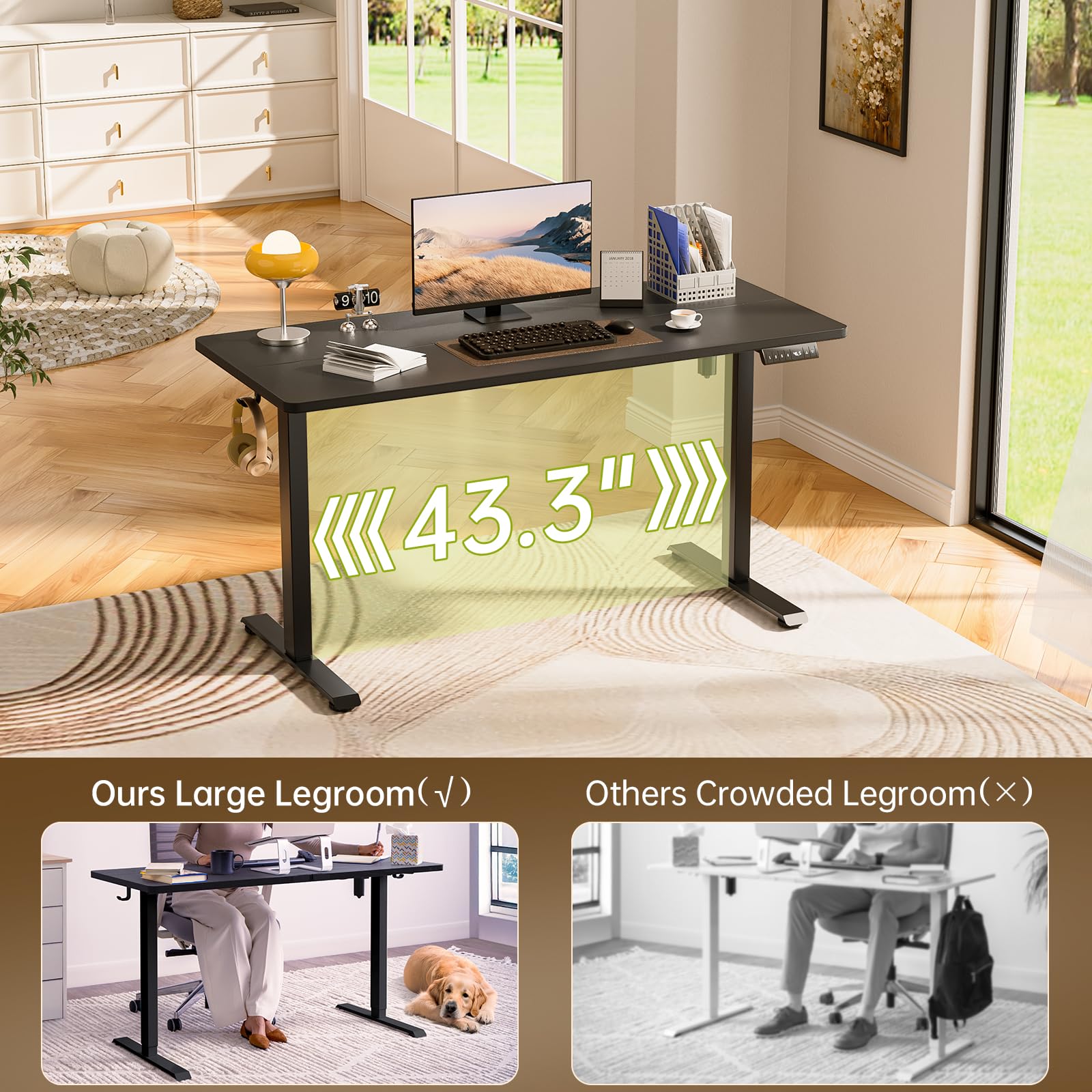 63x27.6 Inch Large Electric Standing Desk, Heights Adjustable,Sit to Stand Up, Work Home Office Computer Table for Walking Pad, Wooden Desktop Desks, Black