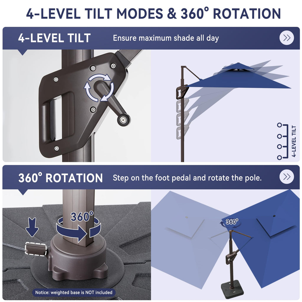 10 X 13 FT Cantilever Outdoor Patio Umbrella with Led Lights Large Heavy Duty 360° Rotation Double Top Offset Rectangular Umbrellas for Backyard Garden Pool Outside Deck, Navy