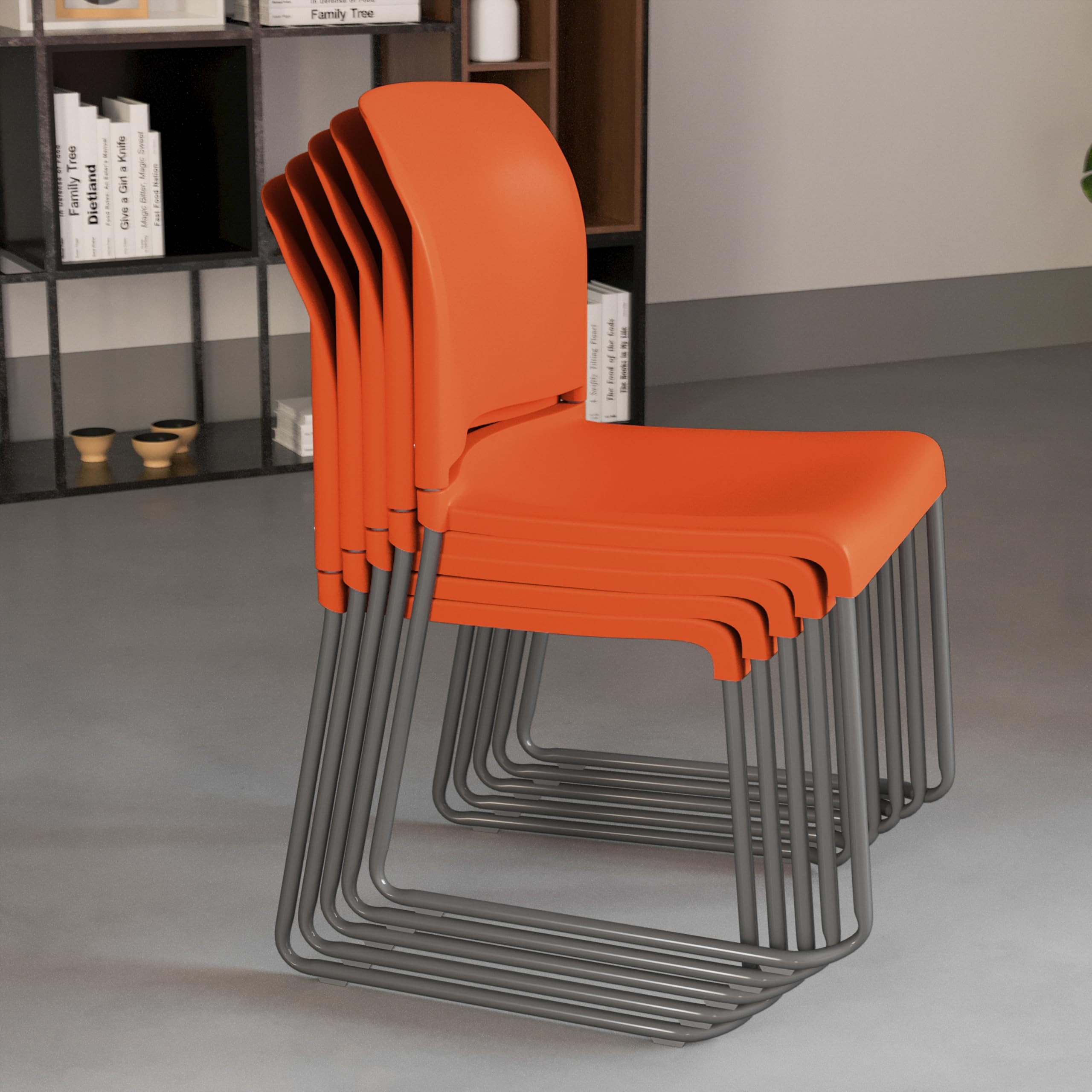 Set of 5, Orange, Hercules Series Contoured Stacking Chairs for Waiting Rooms and Offices, Ergonomic Lobby Chairs with Curved Back