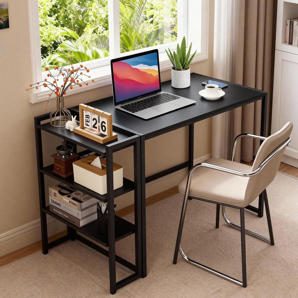 35 inch Folding Desk Writing Computer Desk with Storage Shelf,Spaces Saving Writing Sturdy Table No Assembly,for for Bedroom, Home Office, Dorm, Apartment, Black