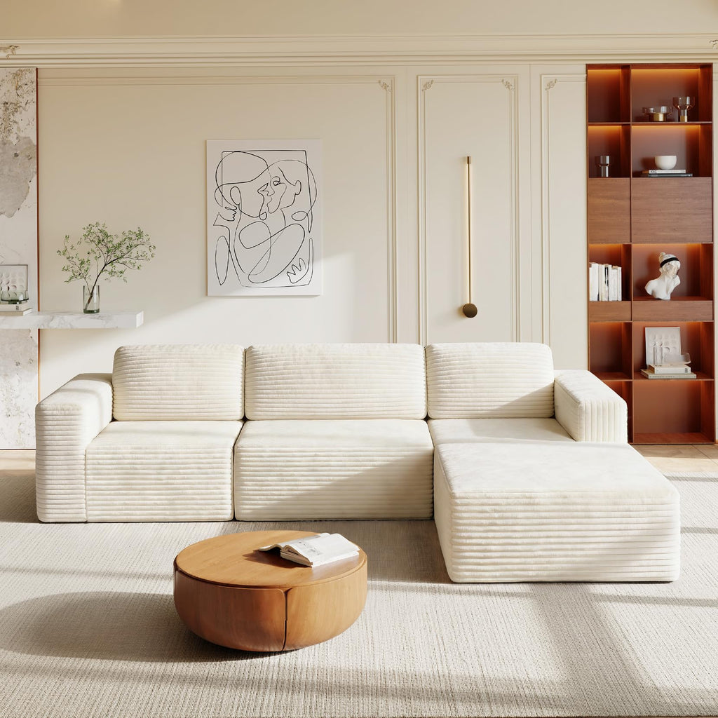 119" L-Shaped Modular Sectional Sofa, Corduroy Cloud Couch with Deep Seating & Spring Support, Flexible Layout Sofa with Ottoman, Boneless Style, No Assembly Required, Beige