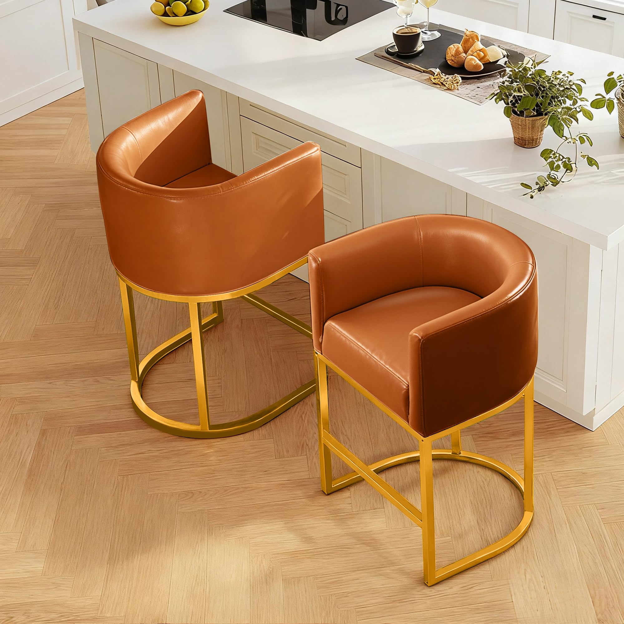Modern Counter Height Bar Stools,Bar Stools Set of 2,PU Leather Upholstered Barrel Barstools with Backs,26'' Kitchen Island Chairs,Metal Gold Frames,Camel Brown Leather