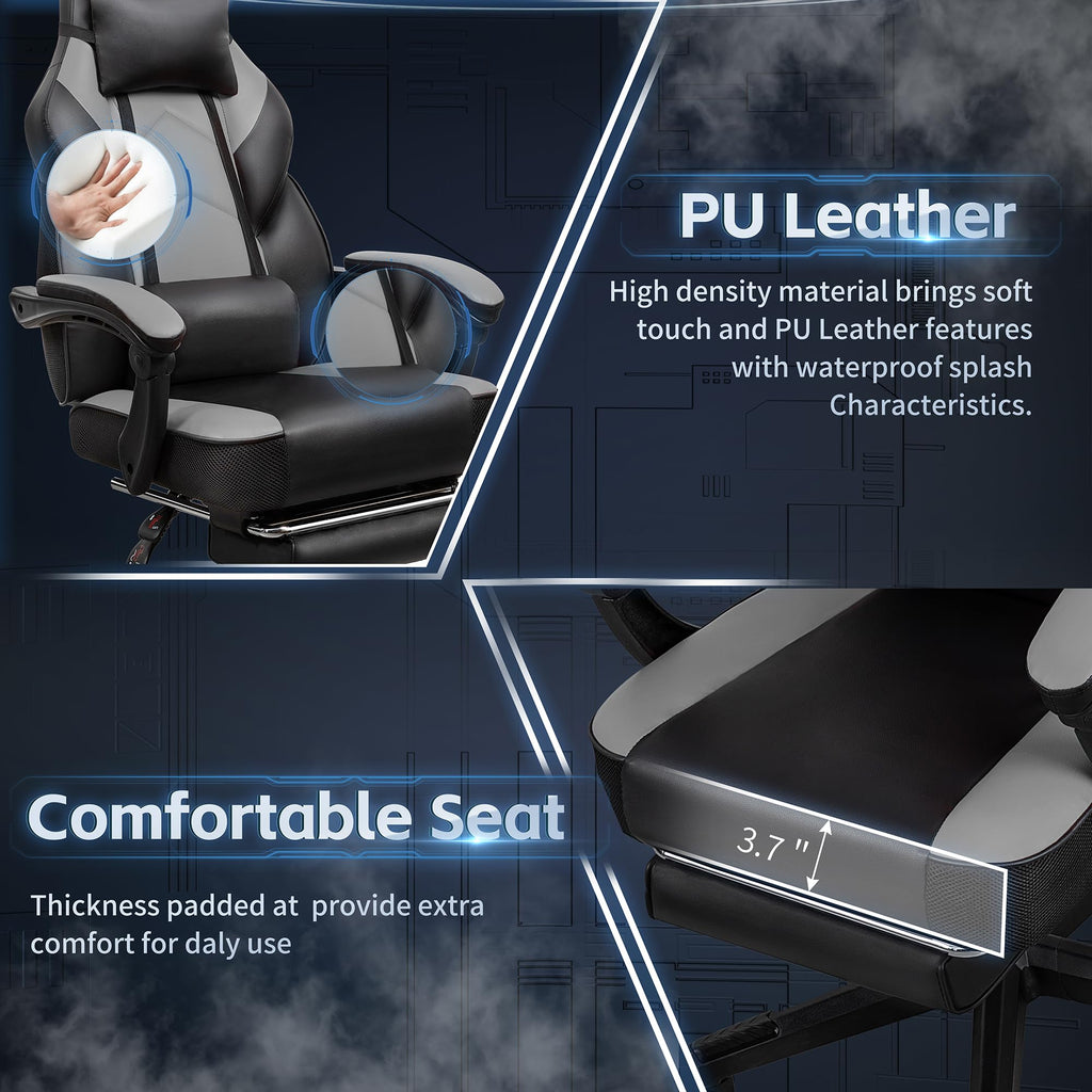 Gaming Chairs for Adults, Computer Chair with Footrest and High Back, Big and Tall Gamer Chair's with Massage Lumbar Support, 360° Swivel Height Adjustable Gaming Chair, Grey