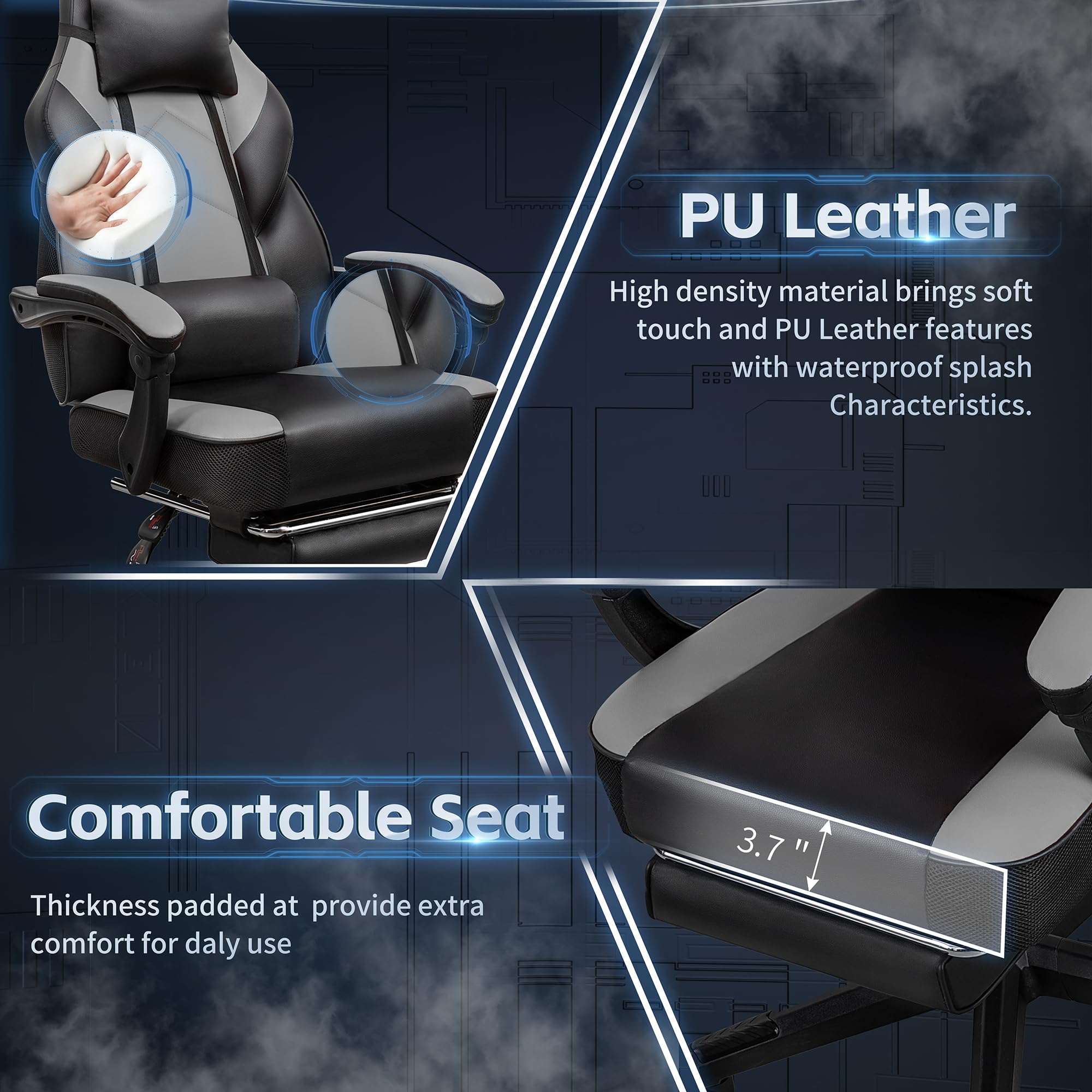 Gaming Chairs for Adults, Computer Chair with Footrest and High Back, Big and Tall Gamer Chair's with Massage Lumbar Support, 360° Swivel Height Adjustable Gaming Chair, Grey