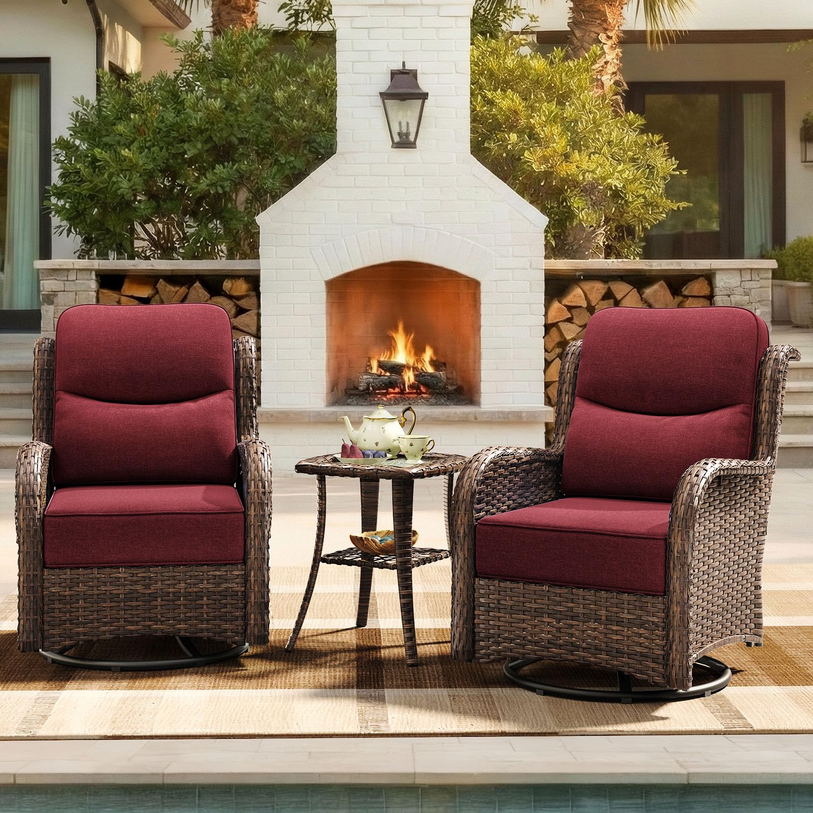 Luxury Patio Furniture Set with 6-inch Thick Cushion, Outdoor High Back Swivel Rocker Patio Chairs, 3PCS Wicker Conversation Set for Deck Yard and Poolside, Burgundy (V2)
