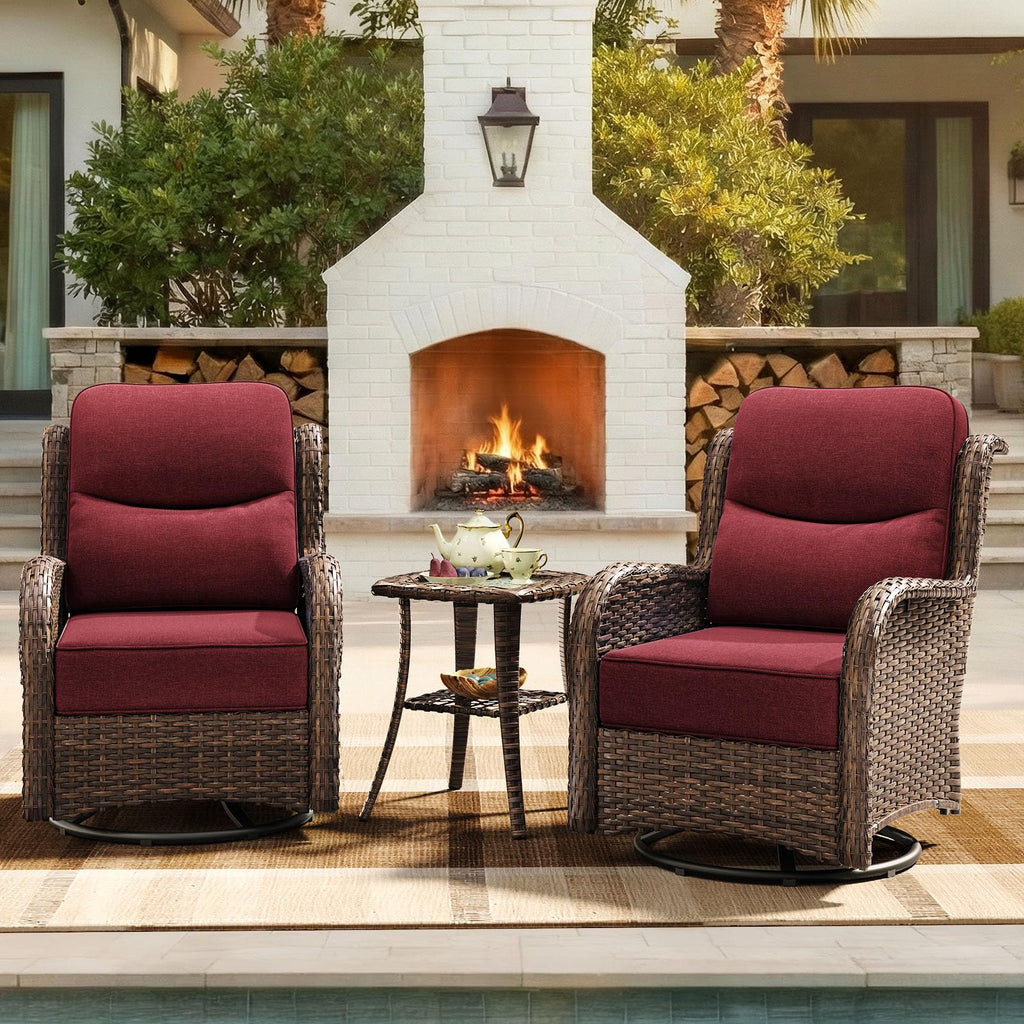 Luxury Patio Furniture Set with 6-inch Thick Cushion, Outdoor High Back Swivel Rocker Patio Chairs, 3PCS Wicker Conversation Set for Deck Yard and Poolside, Burgundy (V2)