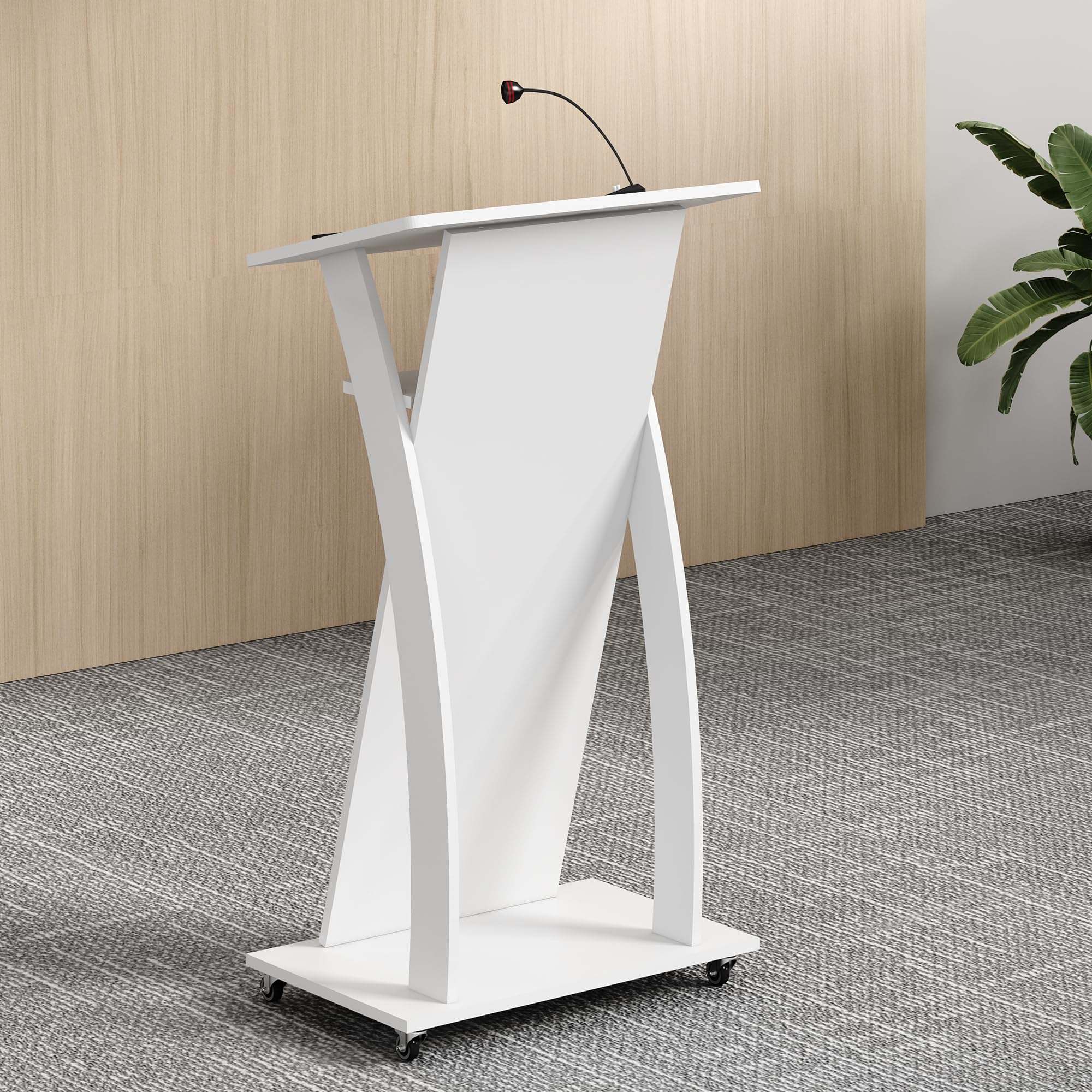 Mobile Wooden Podium Stand with Wheels Lectern White 16MM Wood Board Elegant Design Wooden Churche Pulpit
