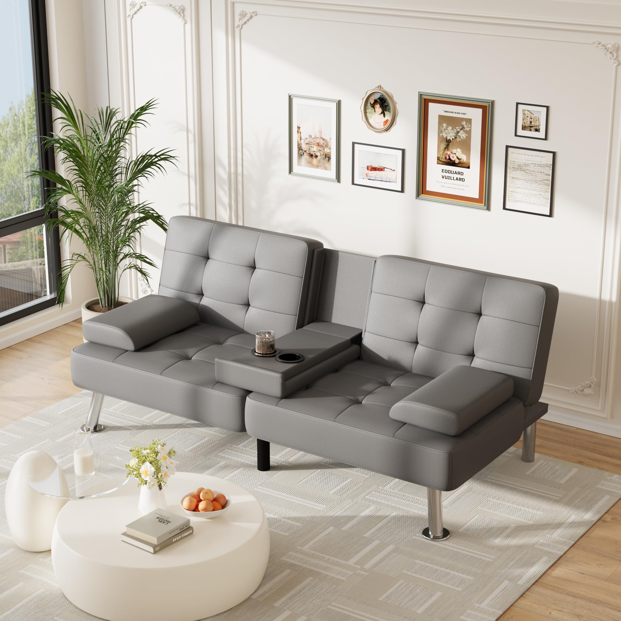 Sofa Bed Adjustable Futon Couch Sleeper Sofa Bed for Living Room, Business Office, Recliner Sofas with Cup Holders (PU Leather, Gray)