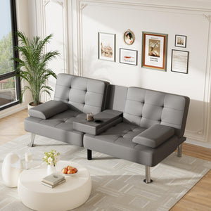 Sofa Bed Adjustable Futon Couch Sleeper Sofa Bed for Living Room, Business Office, Recliner Sofas with Cup Holders (PU Leather, Gray)
