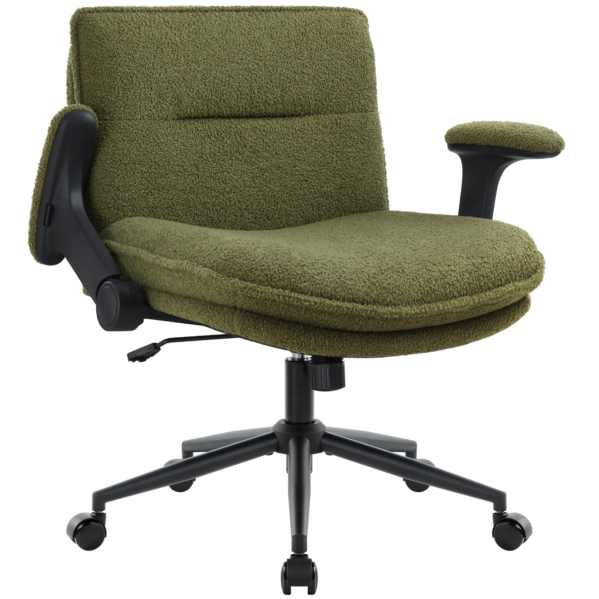 Criss Cross Legged Office Chair with Wheels and Flip-Up Arms, Ergonomic Wide Seat Desk Chair with Thick Padded, Height Adjustable Criss Cross Chairs for Home Office, Bedroom,Vanity,Green