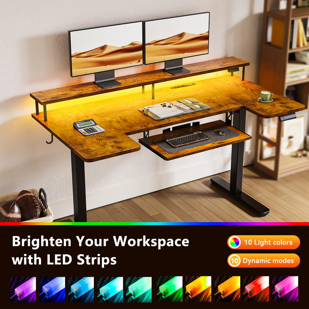 U Shaped Electric Standing Desk with Keyboard Tray, 55 Inch Height Adjustable Desk with Power Outlets & LED Lights, Sit Stand Table with Monitor Stand for Home, Office, Rustic Brown