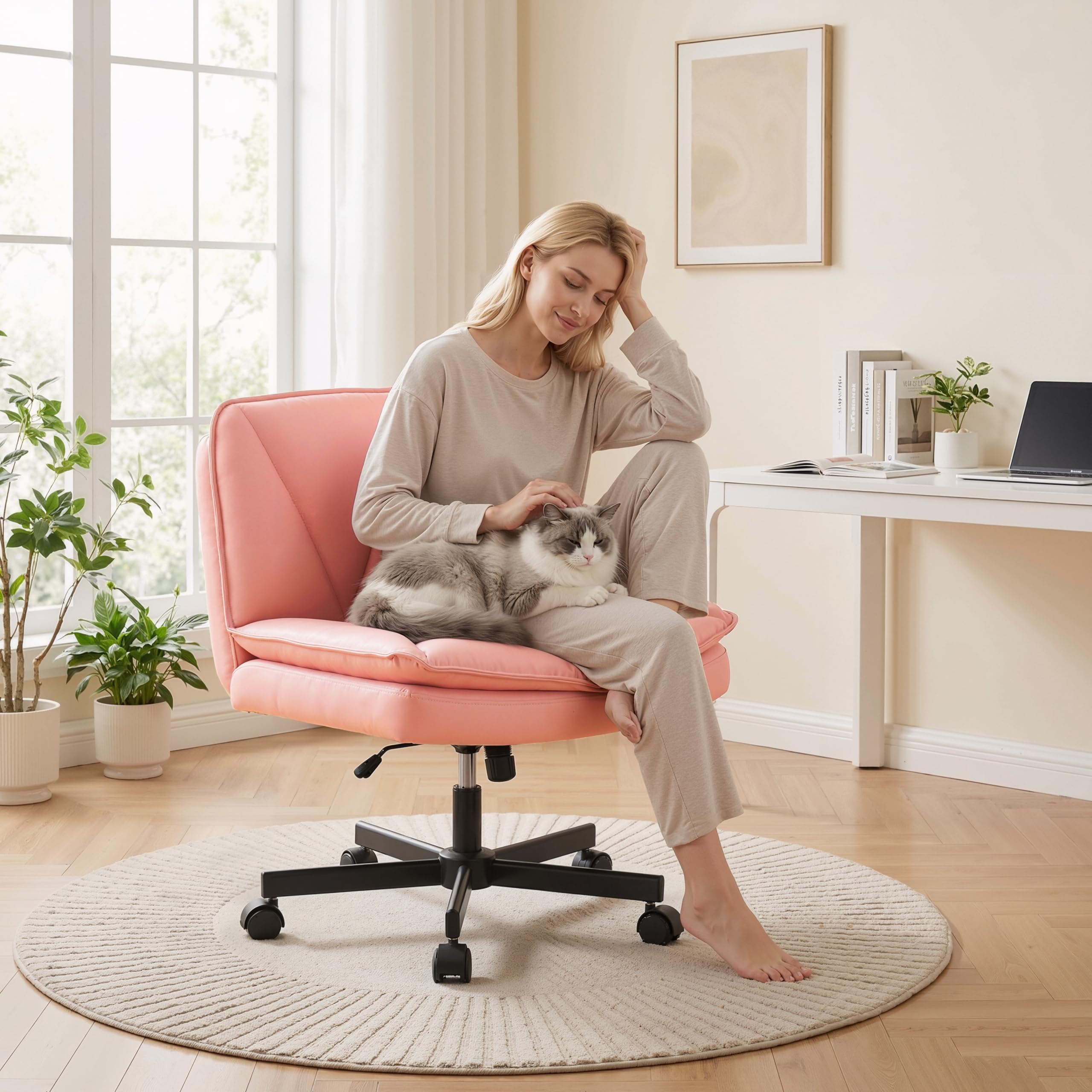 Criss Cross Chair with Wheels,Cross Legged Office Chair with 2 Layer Cushion,Wide Seat,Leather,Amless, for Home,Office,Make Up,Vanity,Bed Room,Pink