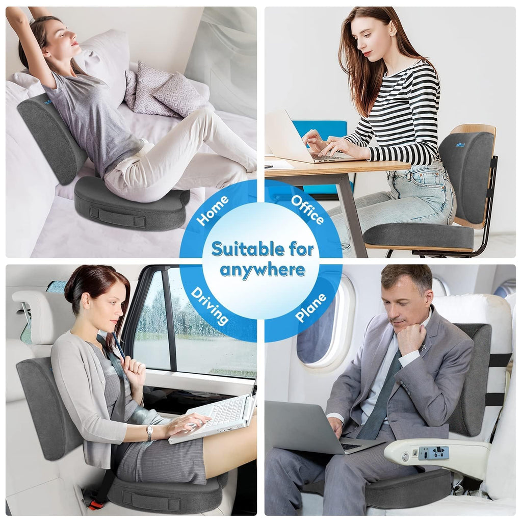 Lumbar Support Pillow & Seat Cushion Set for Office Chair, Desk Chair, Wheelchair & Car – Memory Foam Back Support, Ergonomic Chair Cushions, Sciatica Pain Relief, Home Essentials, Grey