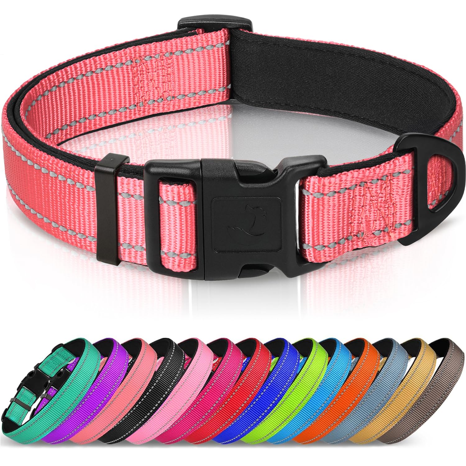 Reflective Dog Collar, Soft Neoprene Padded, Metal D-Ring, Nylon Pet Collar Adjustable for Medium Dogs, Neon Pink, M