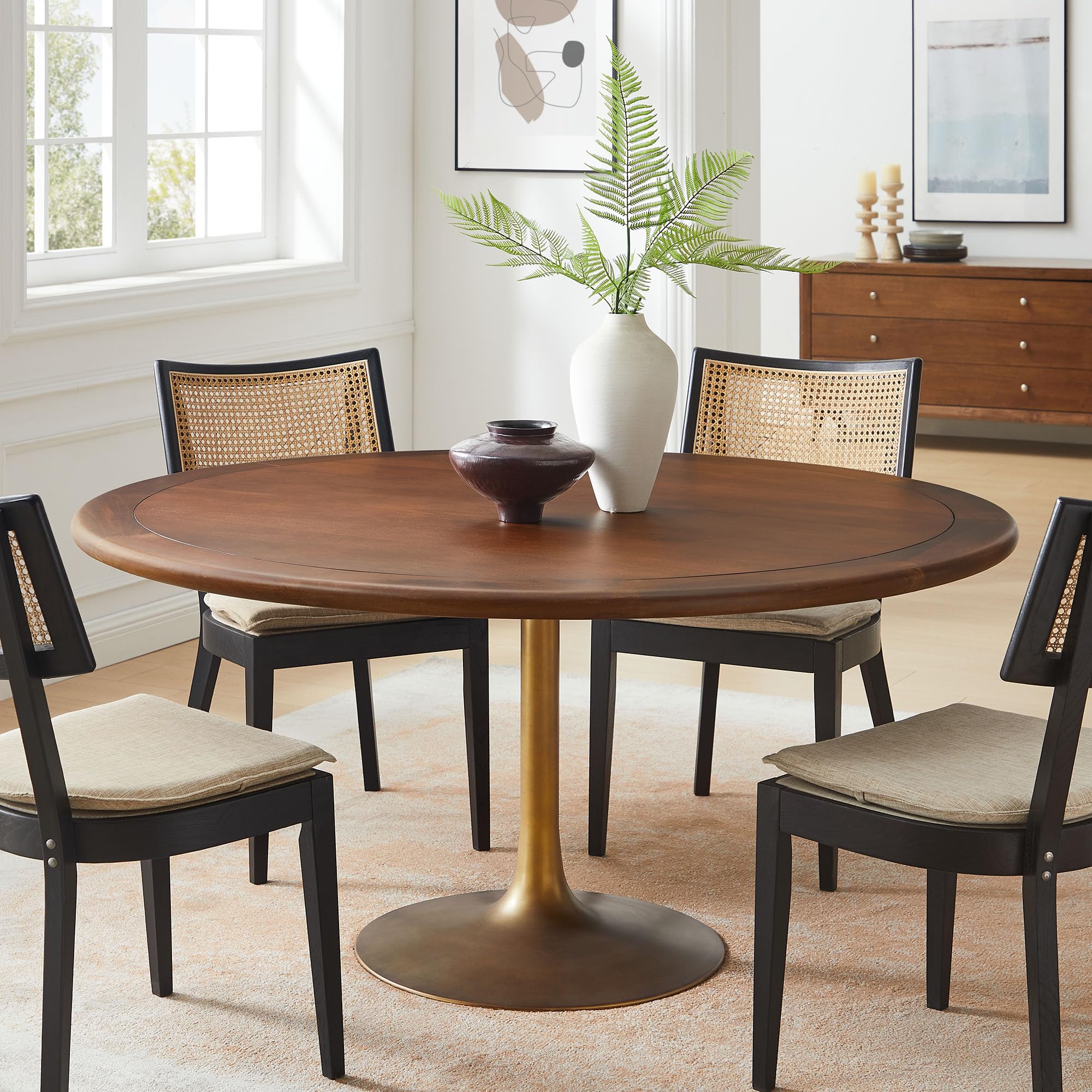 60 Inch Round Wood Dining Table with Metal Pedestal in Brass Walnut - Modern Industrial Dining Table for 6 People - Solid Wood Tulip Kitchen Table