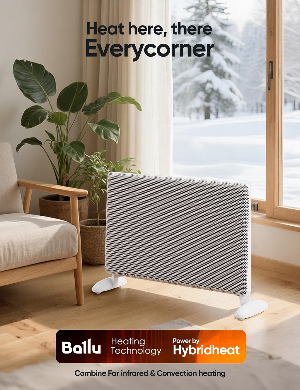 Infrared Space Heater Indoor Use, Large Room Panel Heater with Programmable Thermostat, WIFI App Control,Portable Stand or Wall Mount,Energy Efficient Smart Quiet Heater,Work with Alexa,White