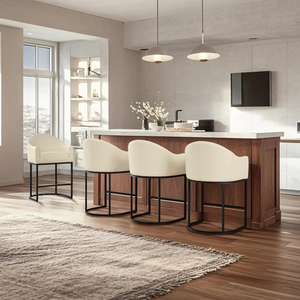 26" Modern Counter Height Bar Stools,Barstools with Arms,Kitchen Island Chairs,PU Leather Upholstered Barrel Bar Stools with Backs,Metal Black Frames,Beige White Leather