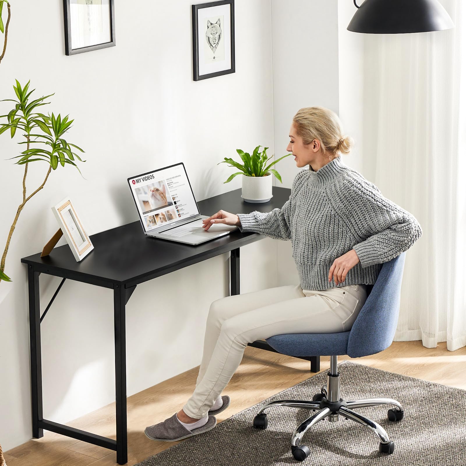 Small Computer Office Desk 63 Inch Student Study Writing Work with Metal Frame Wood Tabletop Modern Simple Home Bedroom PC Table Durable and Easy Assembly, Black