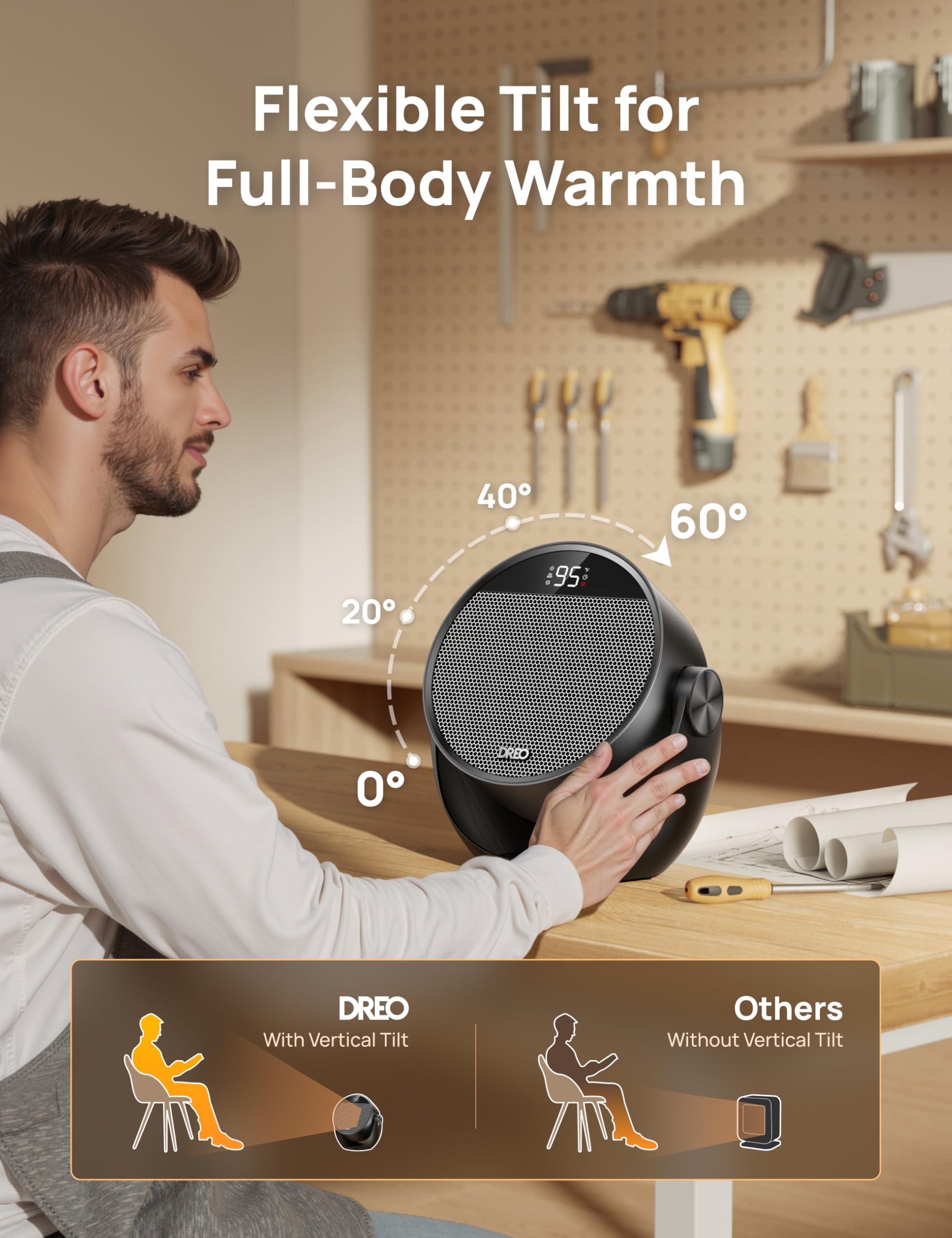 Space Heater 1500W, 60° Adjustable Tilt, 10.5ft/s Portable Electric Heaters for Indoor Use with Thermostat, 8 Safety Protections, 3 Modes, Remote, Quiet Desk Heater for Bedroom, Office, Black
