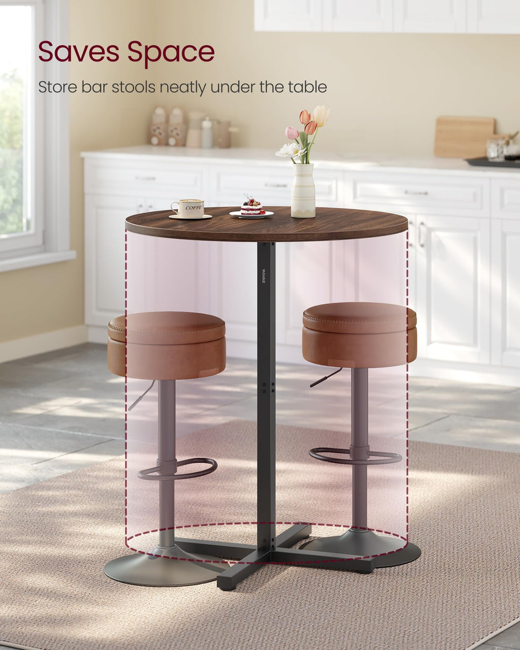Round Cocktail Table, High Top Bar Pub Table with Metal Frame and Cross Base, for 2-3 People, Modern, Easy to Assemble, 23.6 x 41.1 Inches, Natural Walnut