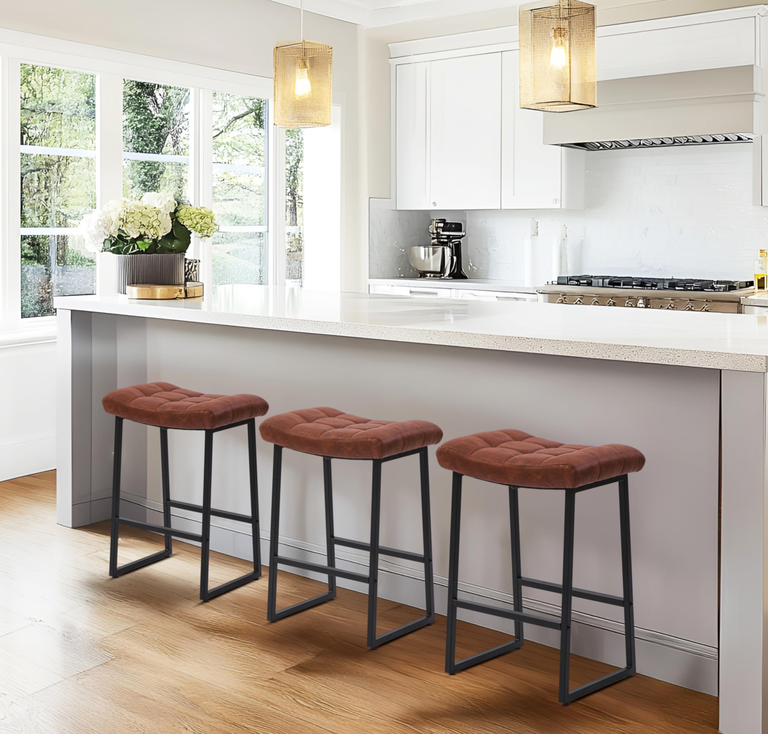 Modern Bar Stools Set of 2 for Kitchen Counter 24 inch Counter Height Backless Barstools with Upholstered Faux Leather Saddle Seat and Metal Frame Industrial Bar Chairs, Brown