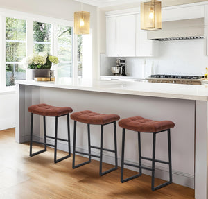 Modern Bar Stools Set of 2 for Kitchen Counter 24 inch Counter Height Backless Barstools with Upholstered Faux Leather Saddle Seat and Metal Frame Industrial Bar Chairs, Brown