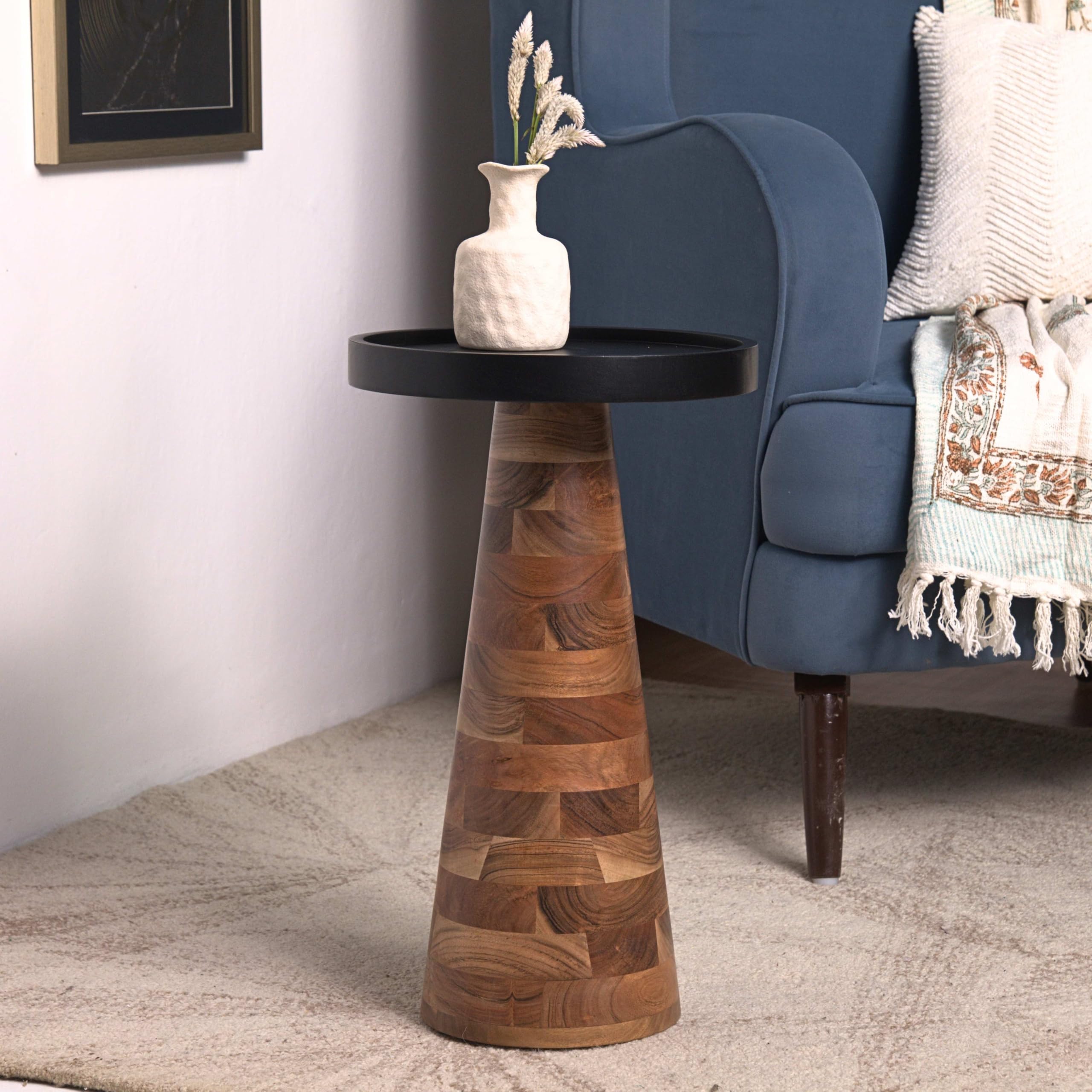 Mid-Century Farmhouse Cottagecore Accent End Table, Solid Wood Side Table with Tray Top,Pedestal Martini Table, Handmade Plant Stand Rustic Drink Table for Living Room, Bedroom, Natural,Assembled