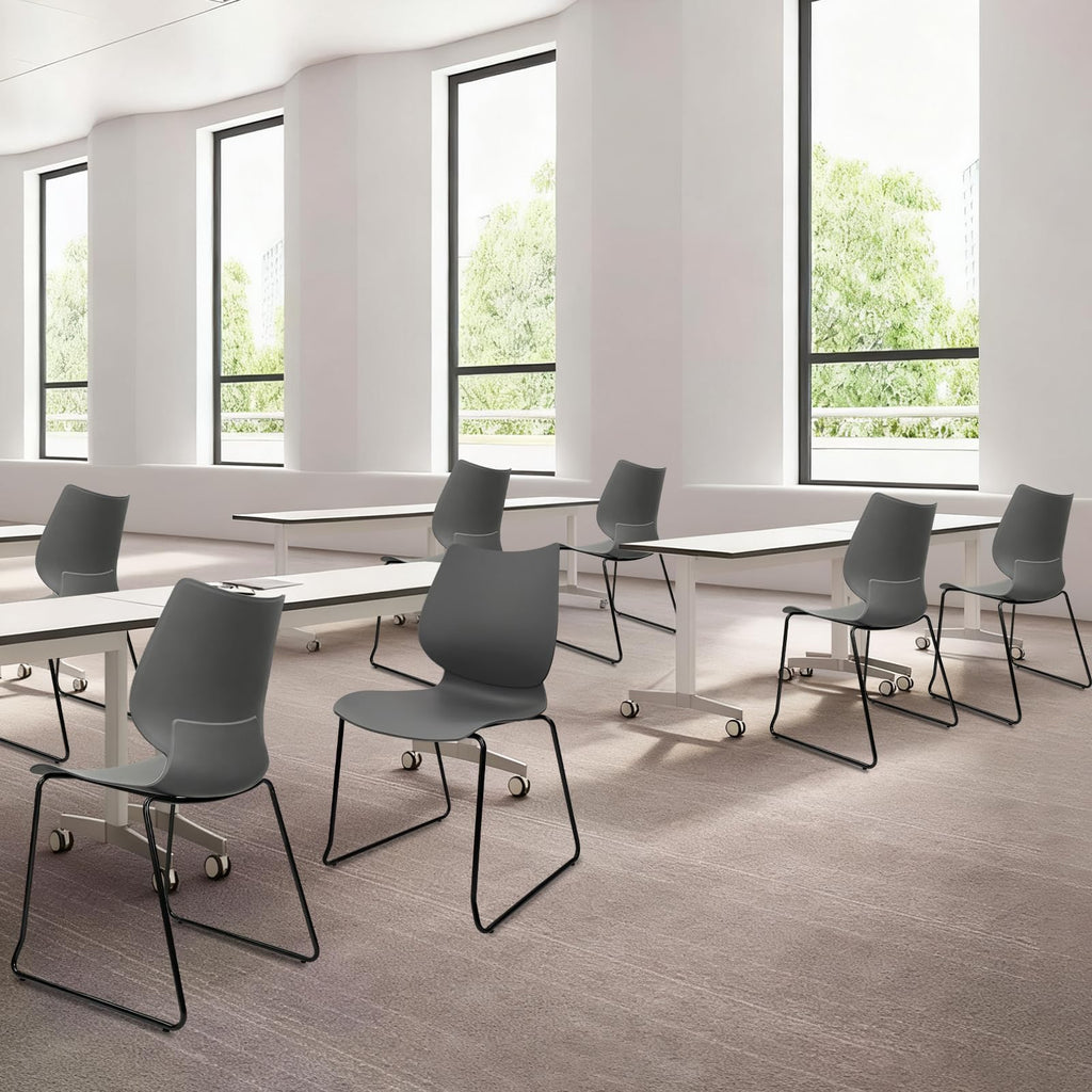 Set of 12, Grey, Stacking Waiting Room Chairs, Stacked Plastic Office Chair with Ergonomic Lumbar Support and Metal Legs for Conference School Church Guest Reception
