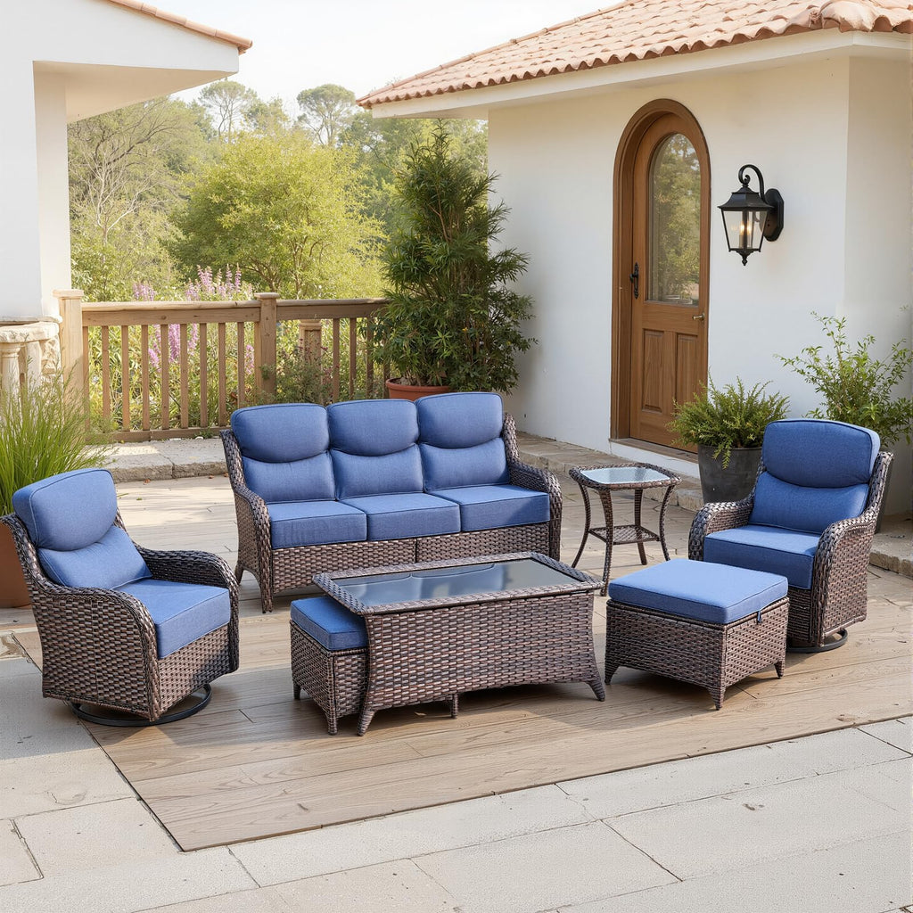 Luxury 6" Thick Cushioned 7 Pieces Patio Furniture Set with Outdoor Couch, Wicker Outdoor Conversation Set with High Back Swivel Rocker Chairs for Deck Porch Yard and Poolside - Brown+Blue