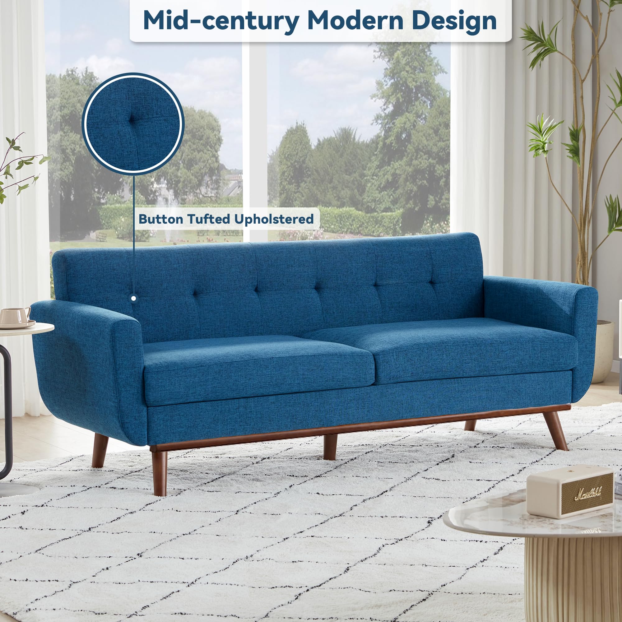 77.2" W Loveseat Sofa, Mid Century Modern Decor Love Seat Couches for Living Room, Button Tufted Upholstered Furniture, Solid & Easy to Install Small Couch for Bedroom Office Apartment, Blue