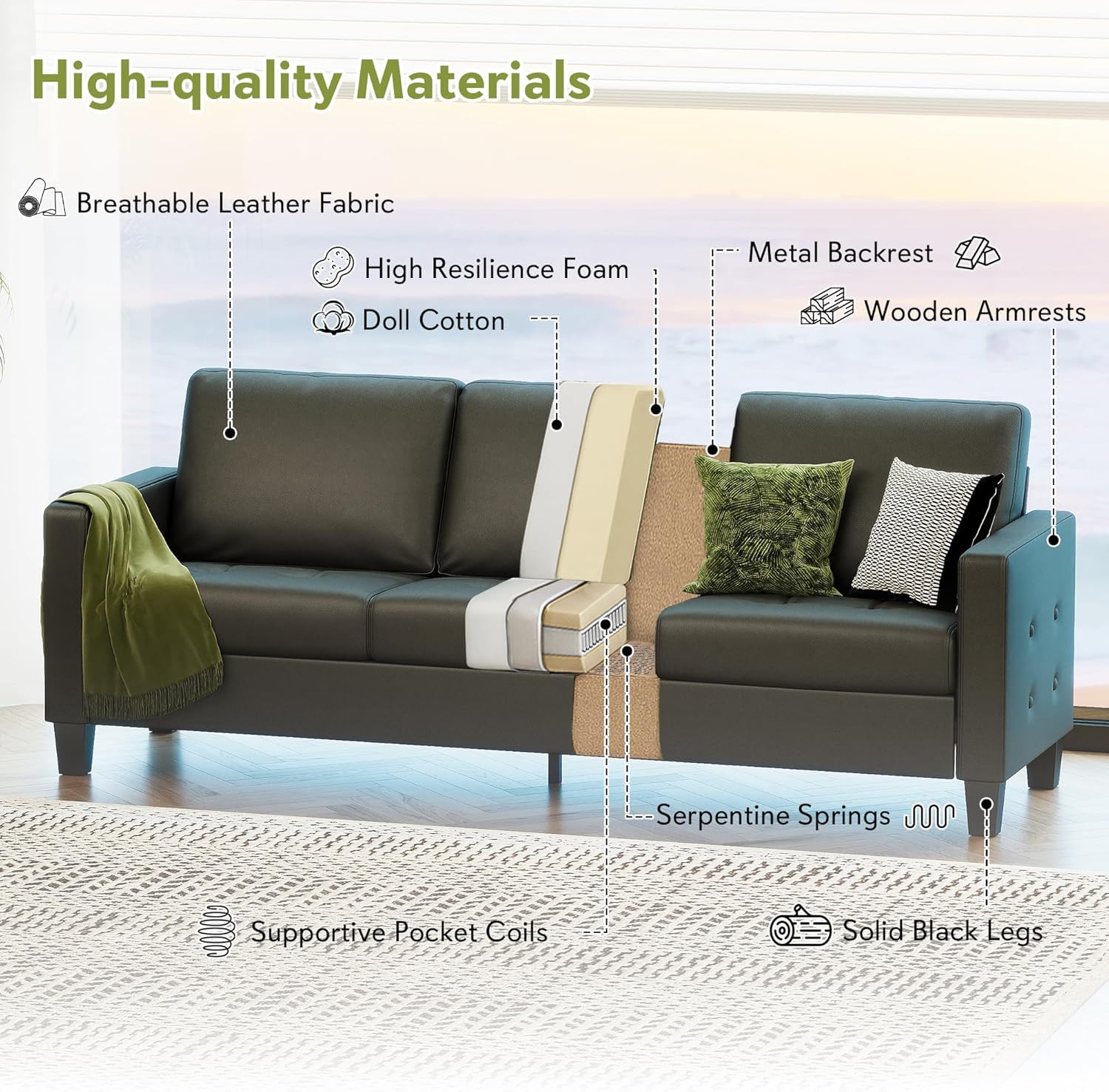 73” Black Faux Leather Couch, Modern Comfy Office 3 Seater Sofa Couch with Tufted Armrest and USB, Small Loveseat Couches for Living Room, Apartment, Bedroom