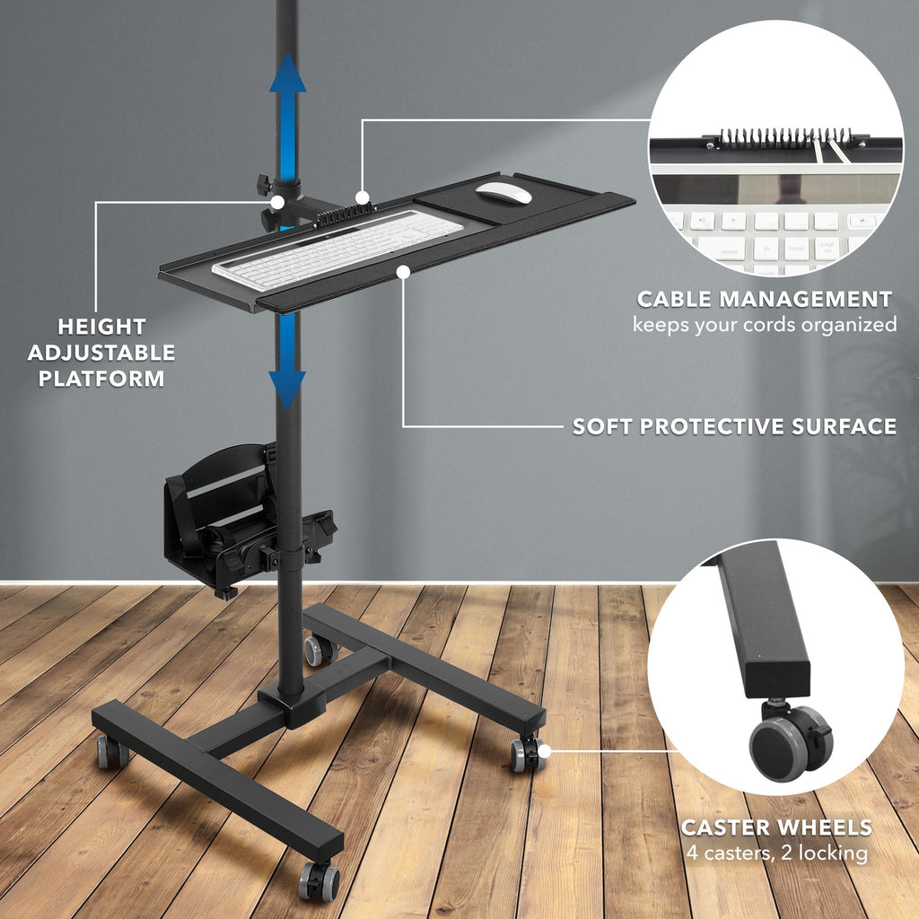 Rolling Computer Cart on Wheels, Mobile Desk Workstation with Monitor Mount for up to 32" Screen, Full Keyboard Tray, Floating Adjustable CPU Holder, Standing up to 70" Tall
