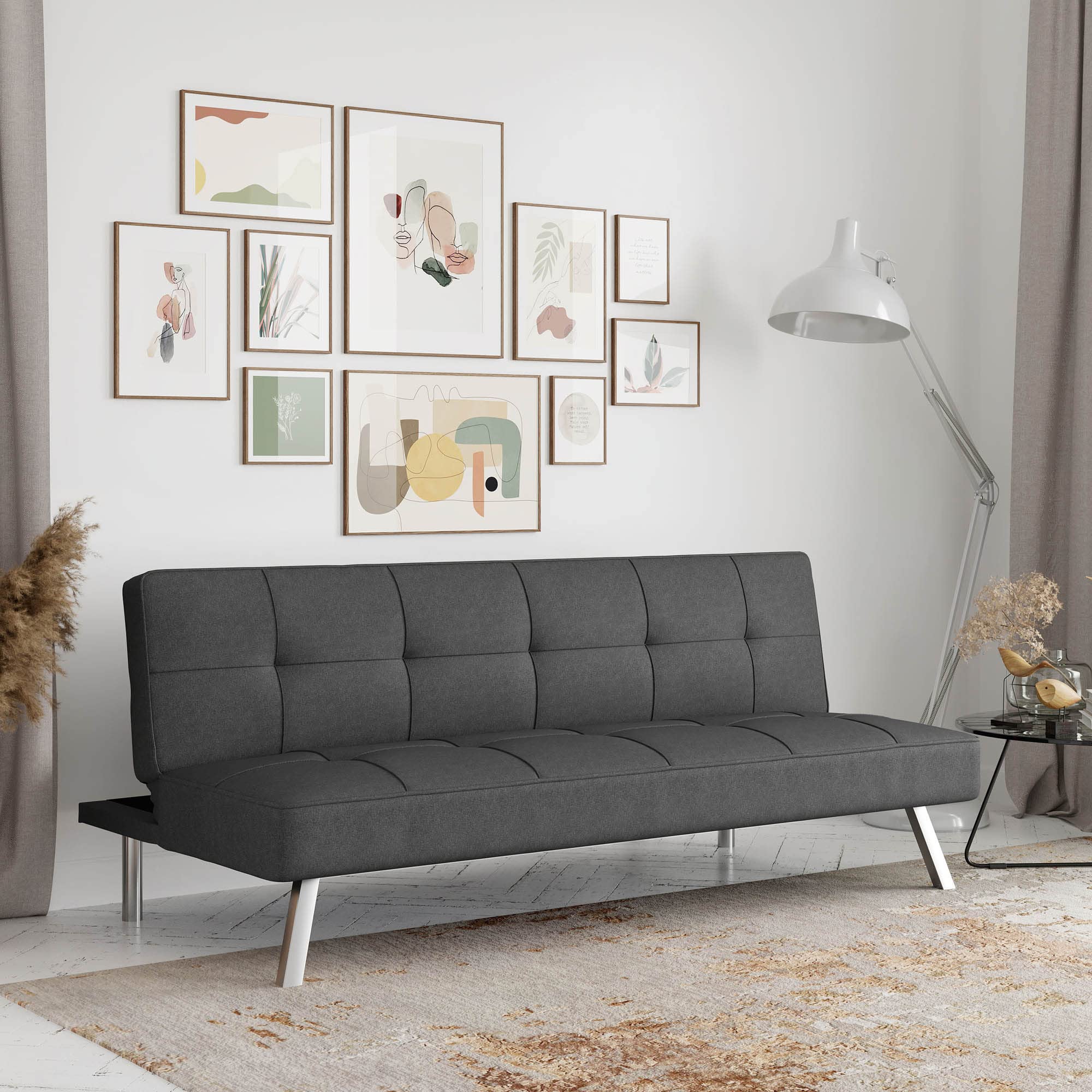 Rane Futon Sofa Bed 66.1", 3-in-1 Convertible Couch Sleeper for Small Spaces, Tufted Back, Twin Size Guest Bed, Chracoal Woven Fabric