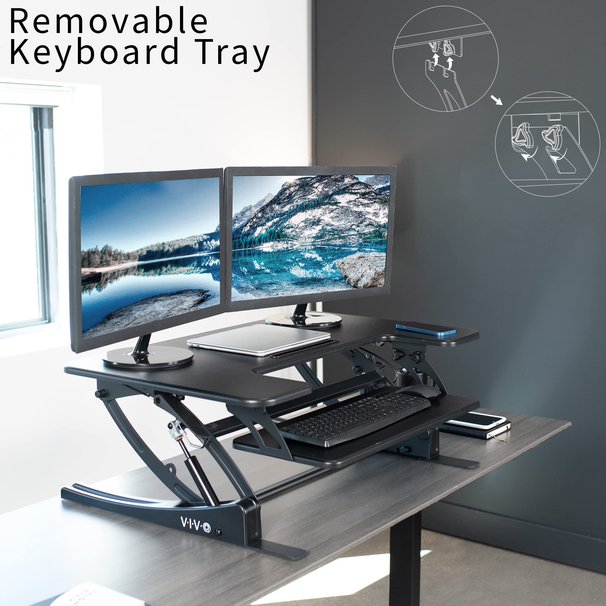 36 inch Height Adjustable Stand Up Desk Converter, V Series, Quick Sit to Stand Tabletop Dual Monitor Riser Workstation, Black, DESK-V000V