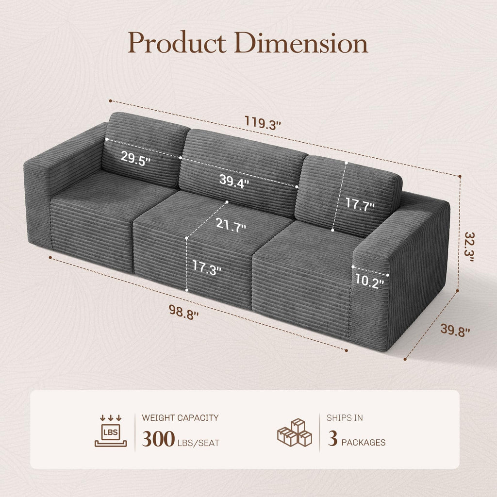 119" Modular Sectional Sofa, Corduroy Cloud Couch with Deep Seating & Spring Support, 3 Seater Flexible Layout Sofa, Boneless Couch for Living Room & Apartment, No Assembly Required, Grey