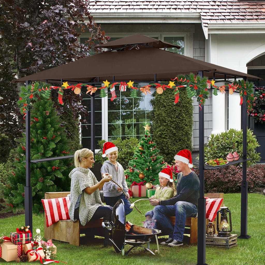 8x5 Grill Gazebo - Outdoor BBQ Canopy Shelter with Led Light for Patio Backyard Grilling (Brown)