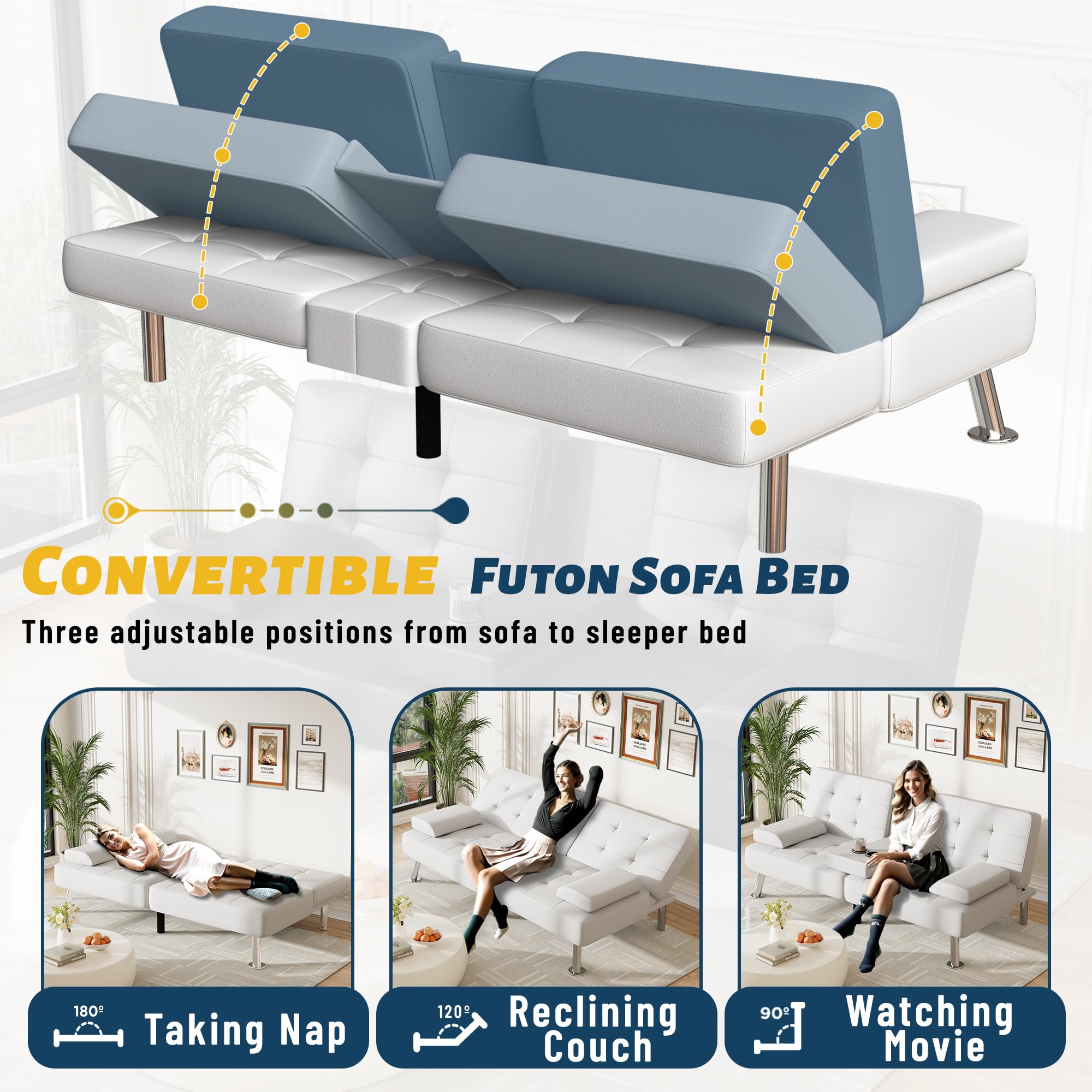 Sofa Bed Adjustable Futon Couch Sleeper Sofa Bed for Living Room, Business Office, Recliner Sofas with Cup Holders (PU Leather, White)