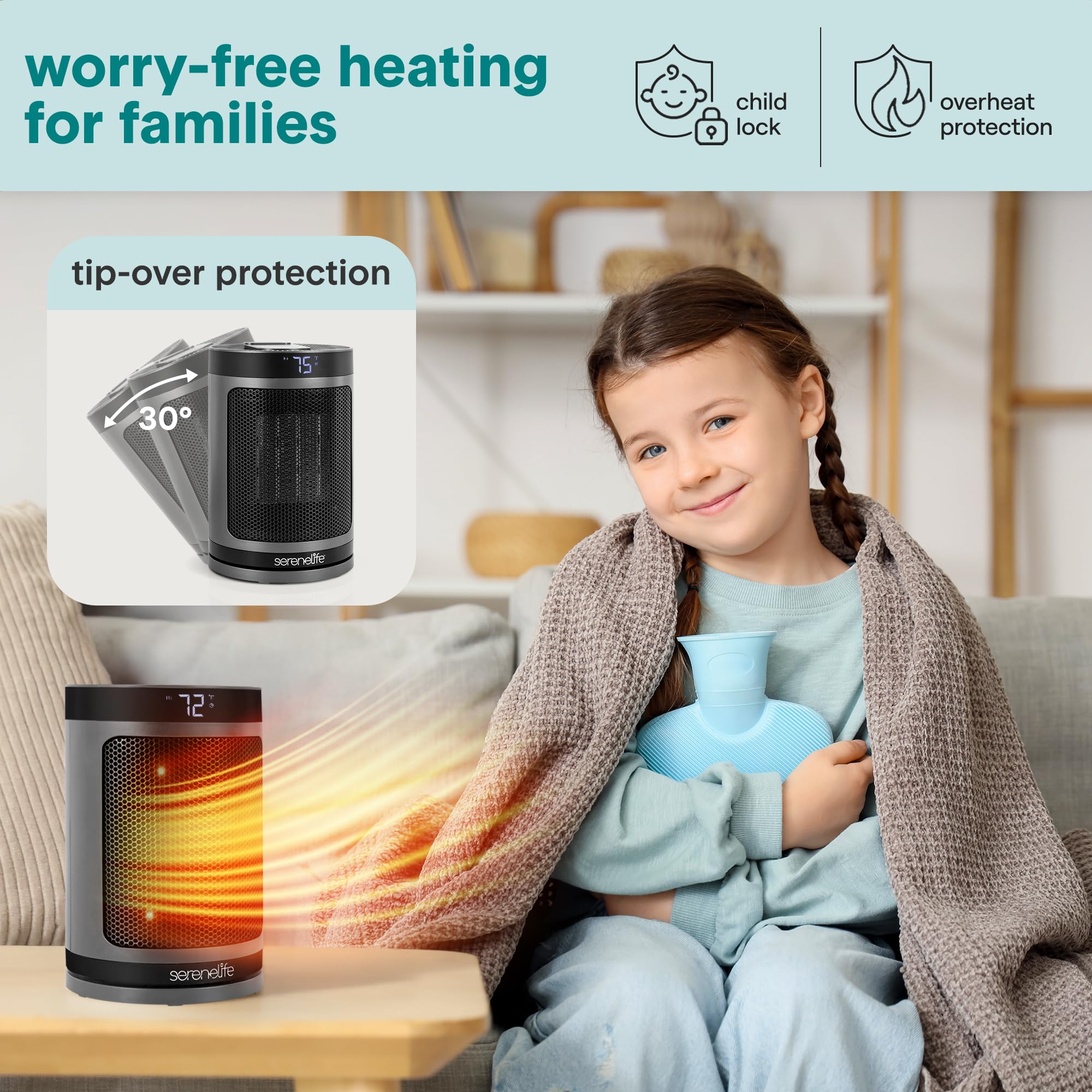 Smart Space Heater – 1500W Indoor Electric Heater with Thermostat, Remote Control, 12-Hour Timer, Wi-Fi Enabled PTC Ceramic Heating for Home and Office, Gray (5.9" x 5.9" x 9.5")