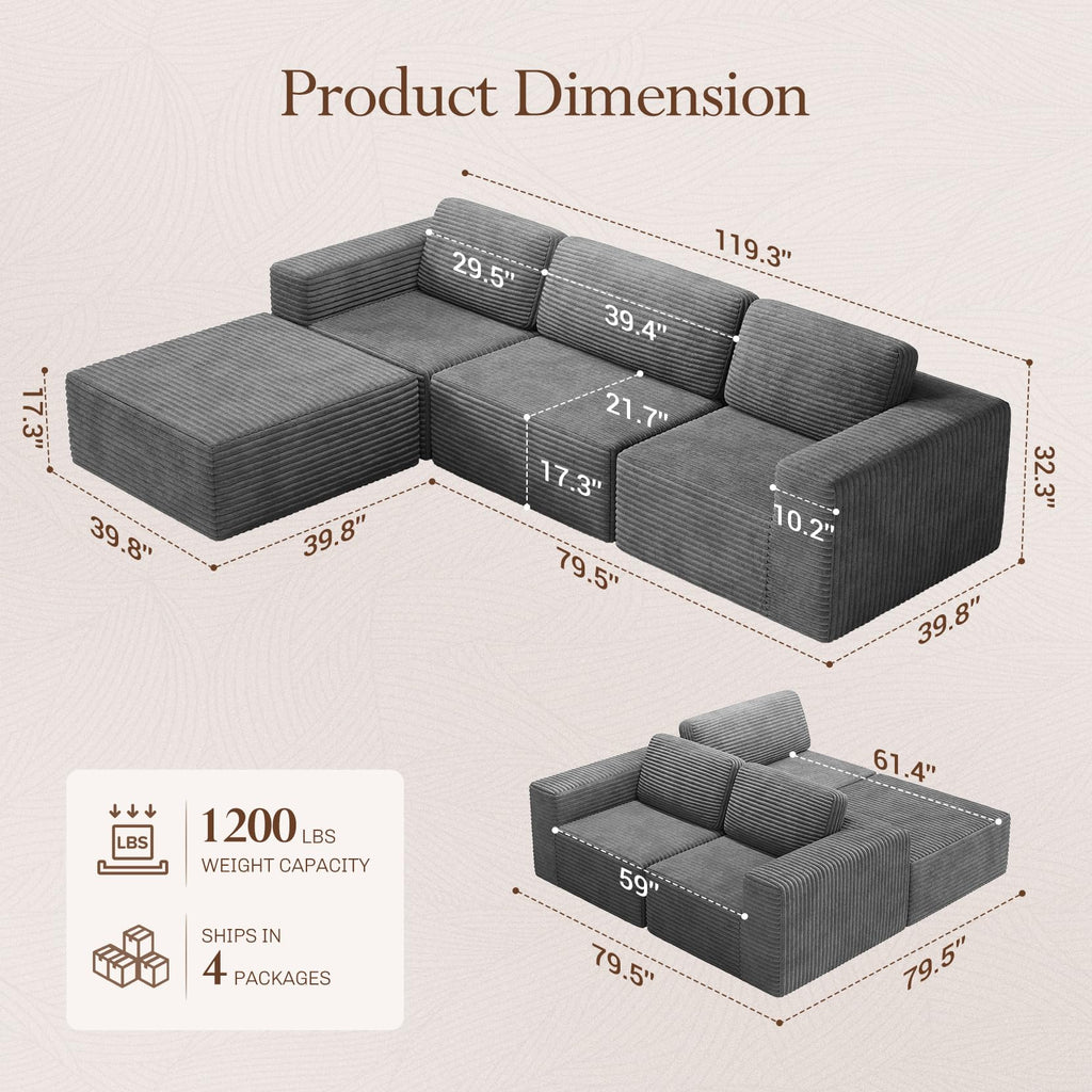 119" L-Shaped Modular Sectional Sofa, Corduroy Cloud Couch with Deep Seating & Spring Support, Flexible Layout Sofa with Ottoman, Boneless Style, No Assembly Required, Grey