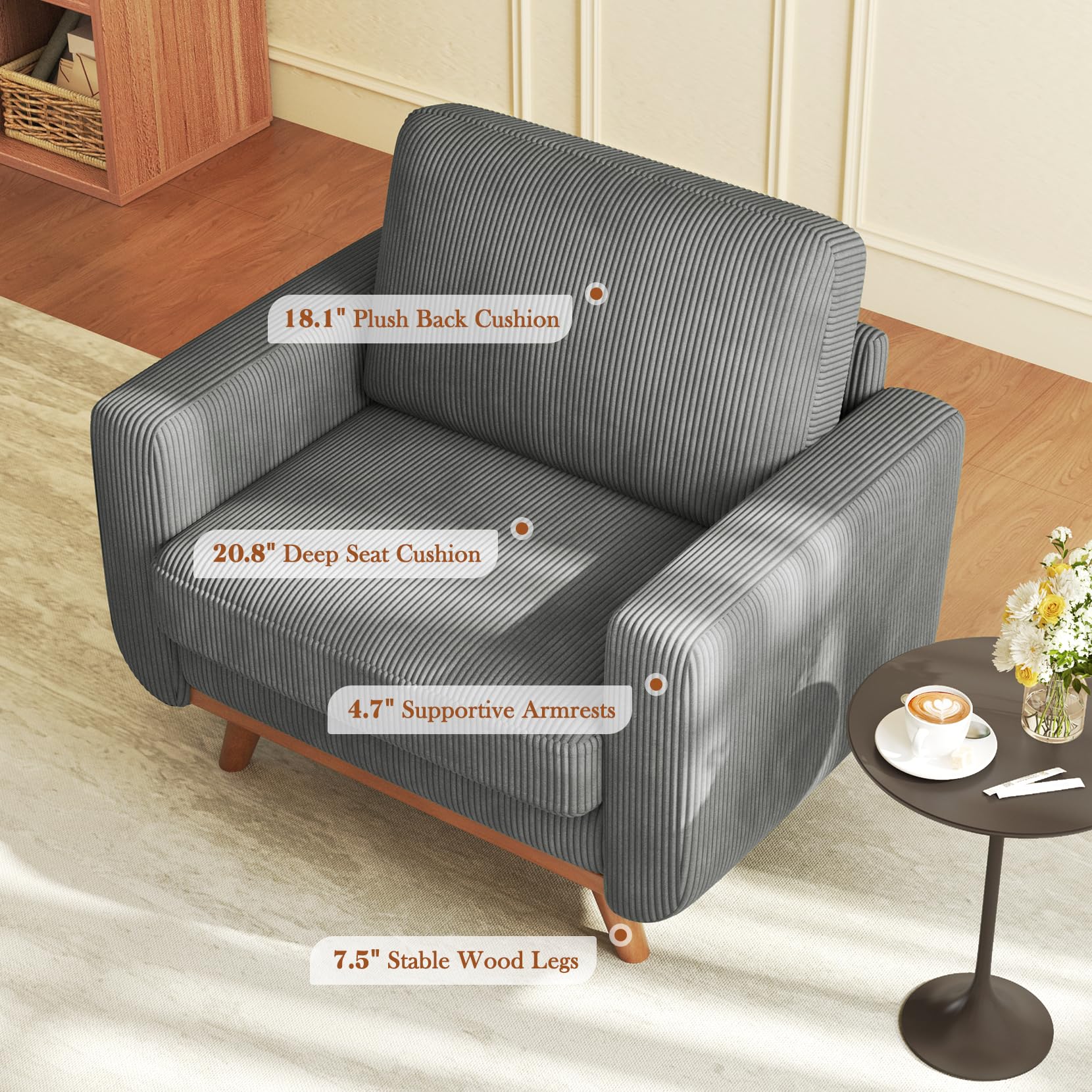 38.5" Accent Chair Dark Gray, Comfy Corduroy Single Sofa Seat with Spring Cushion, Upholstered Armchair with Deep Seat, Reading Chair for Adults, Modern Sofa for Living Room, Bedroom