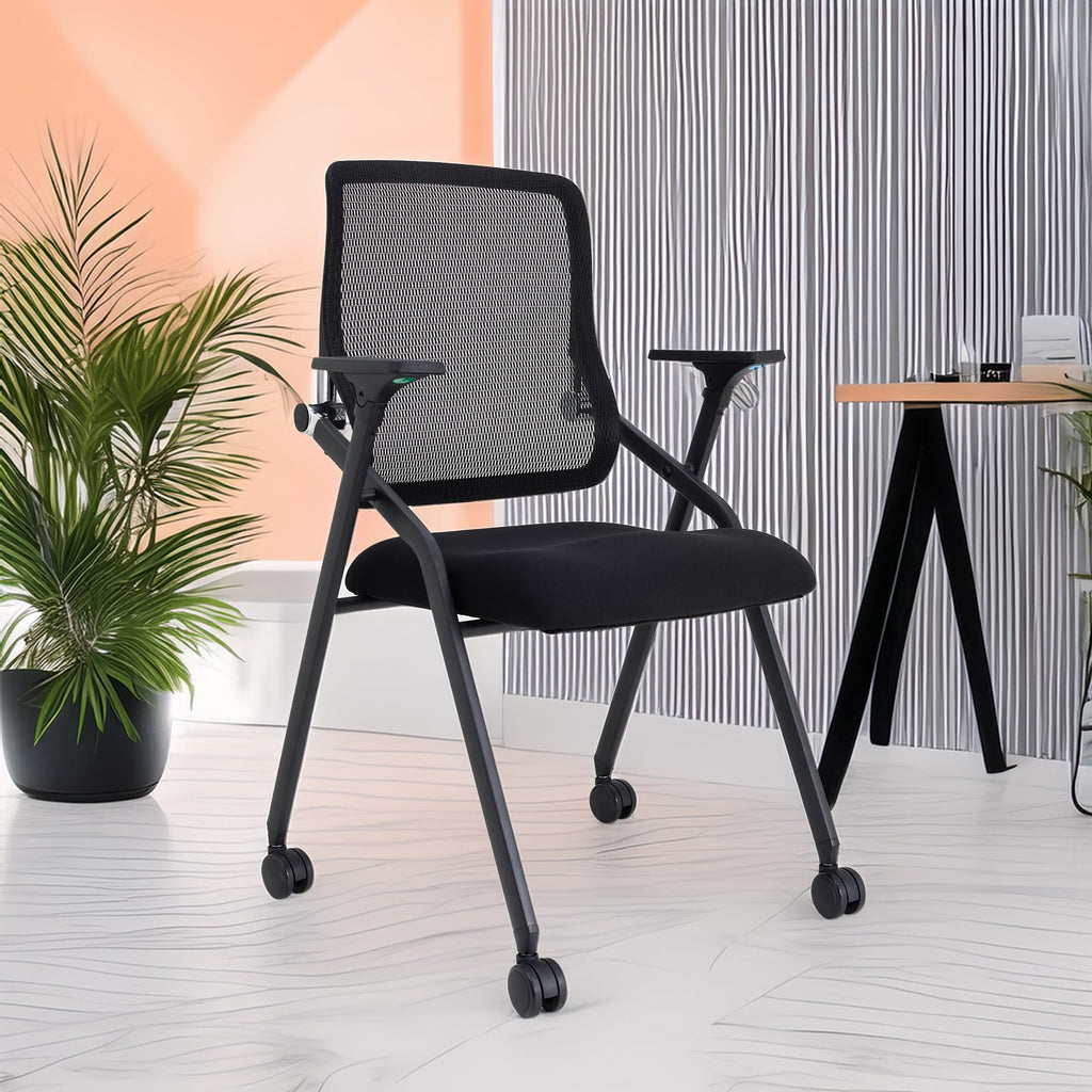 6 Pack Black, Updated Conference Room Chairs, Folding Office Desk Chair with Lumbar Support and Sliding Armrest with Casters, Stackable Office Guest Chairs & Reception Chair