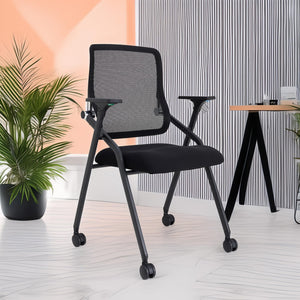 6 Pack Black, Updated Conference Room Chairs, Folding Office Desk Chair with Lumbar Support and Sliding Armrest with Casters, Stackable Office Guest Chairs & Reception Chair