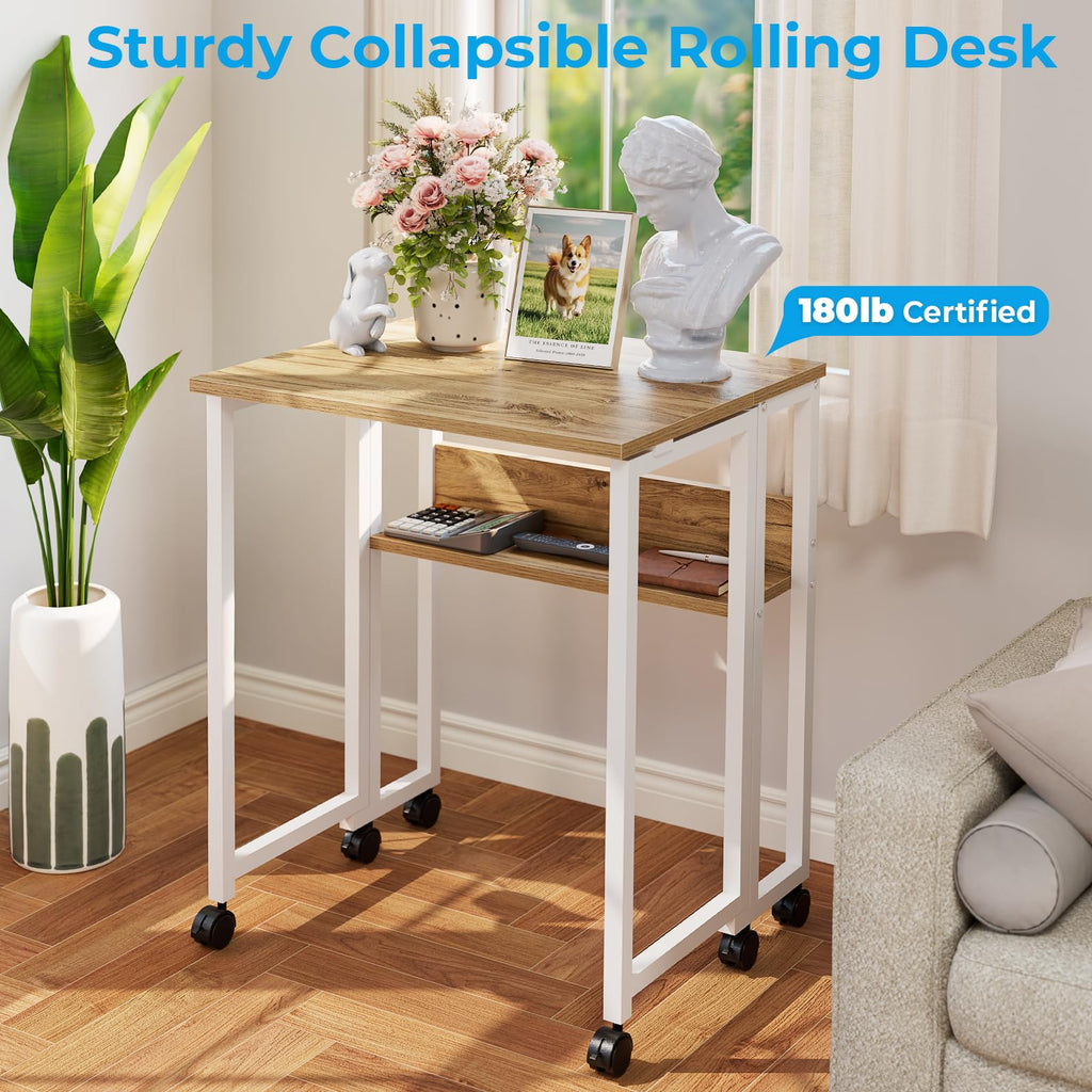 Folding Desk with Wheels, 24.8 Inch Compact Rolling Computer Table with Storage Shelf, Portable Mobile Workstation for Small Spaces, Easy Assembly, Oak