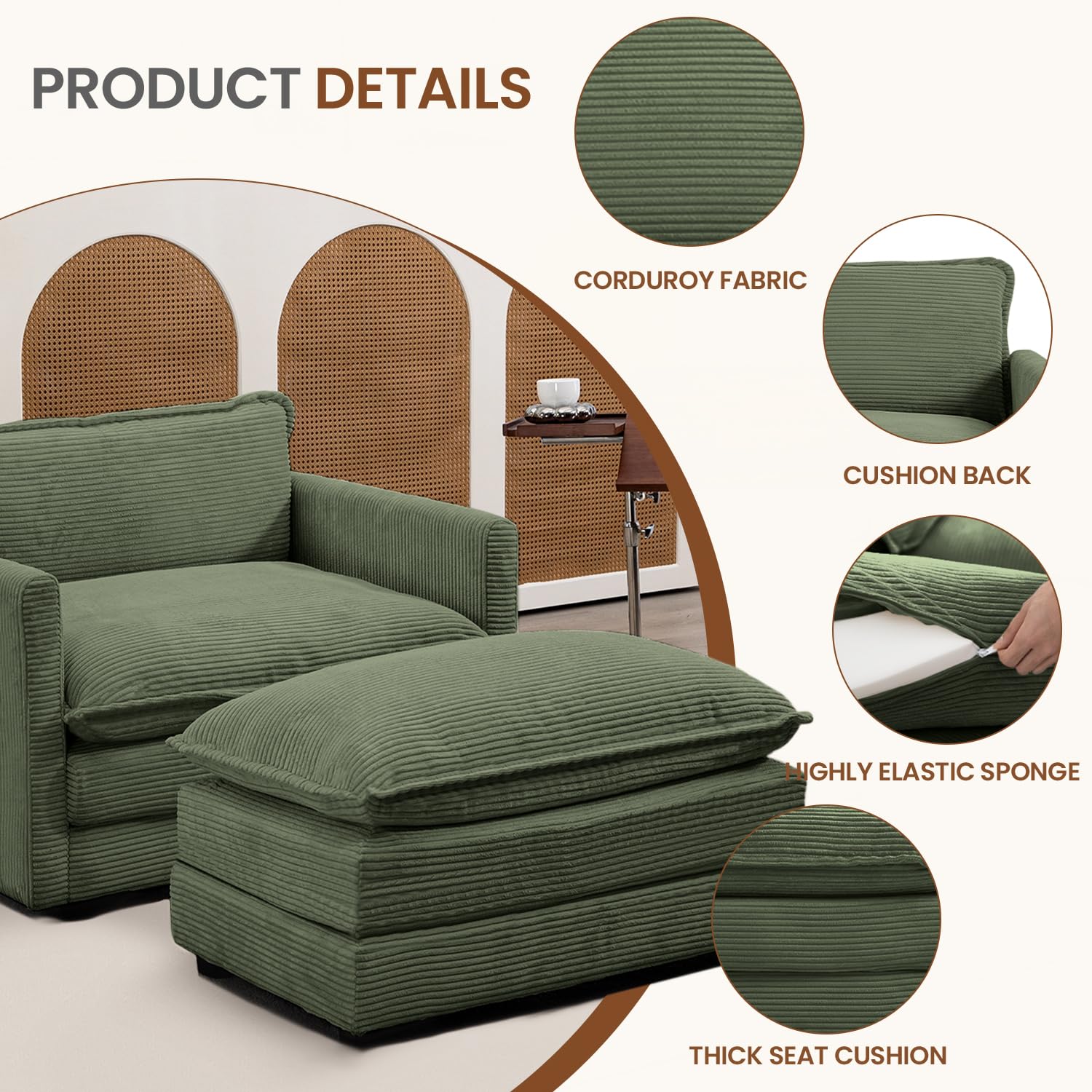 Single Armchair with Ottoman, Modern Corduroy Cloud Couch with Convertible Chaise, Upholstered Sofa Set for Living Room, Green