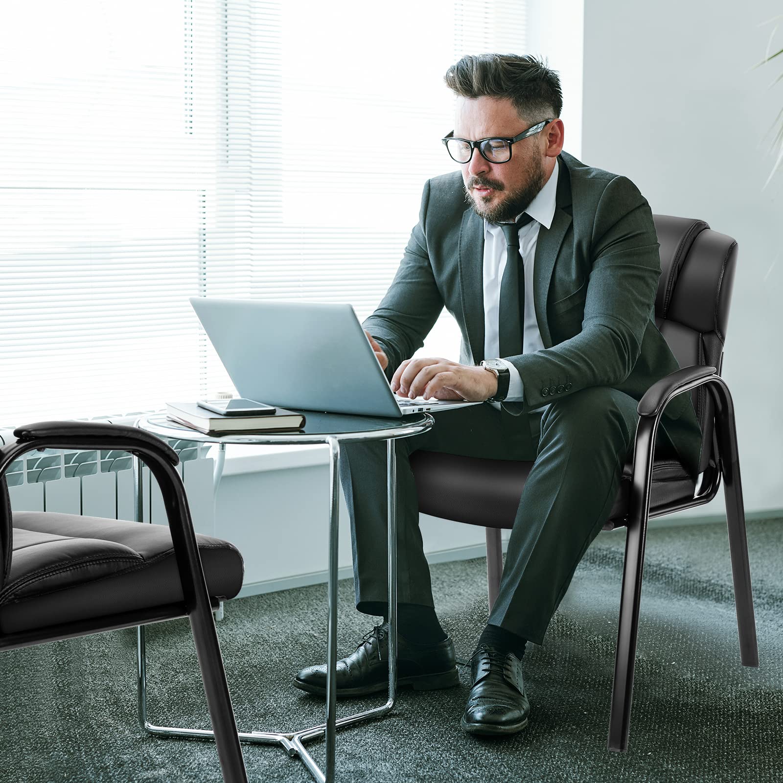 Waiting Room Chair, Leather Office Desk Reception Guest Stationary Side Chairs with Padded Arms for Home Conference Lobby Area Meeting Church Medical Clinic Elderly Student