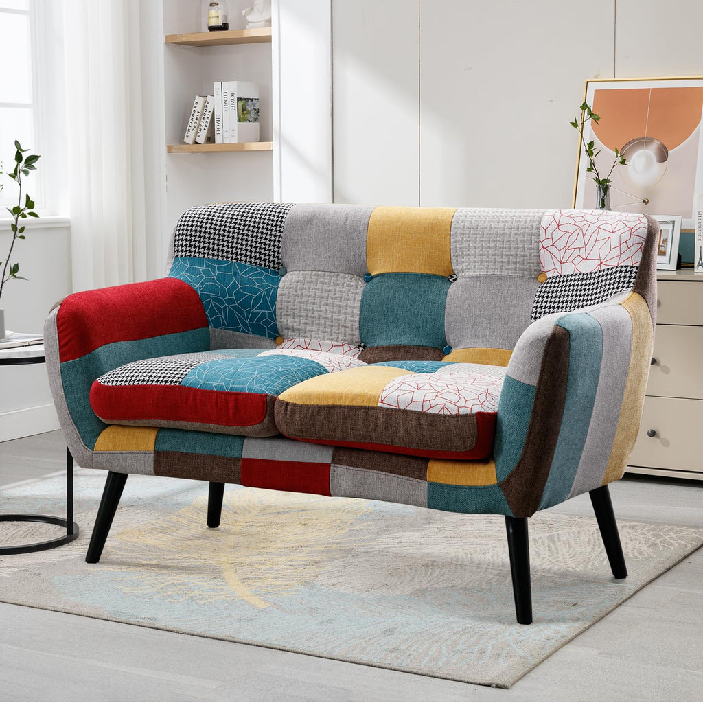 Modern Boho Loveseat Couch Sofa Chair for Living Room Bedroom, Upholstered Colorful Plaid Fabric 2-Seat Love Seat Sofa with Wood Leg for Small Space, One Loveseat