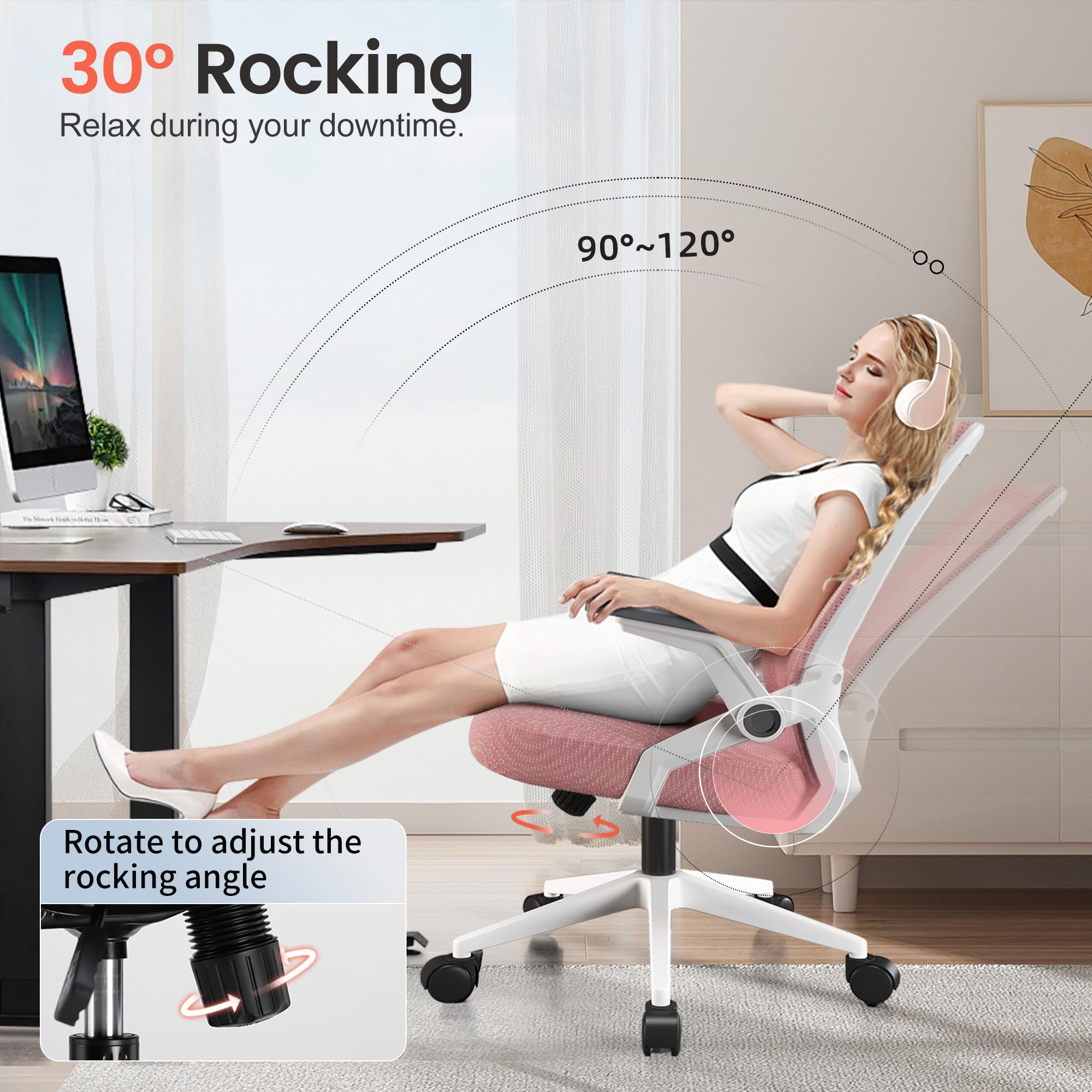 Ergonomic Office Chair with Flip-up Armrests Executive Computer Chair for Home Office, Breathable Mesh & Comfy Lumbar Support, Pink